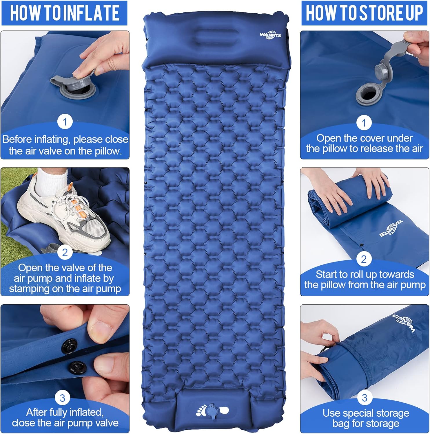 Alternative view of WANNTS Sleeping Pad, Ultralight Inflatable Sleeping Pad for Camping, Built-in Pump, Ultimate for Hiking - Airpad, Carry Bag,-Compact & Lightweight Camping pad(Blue)