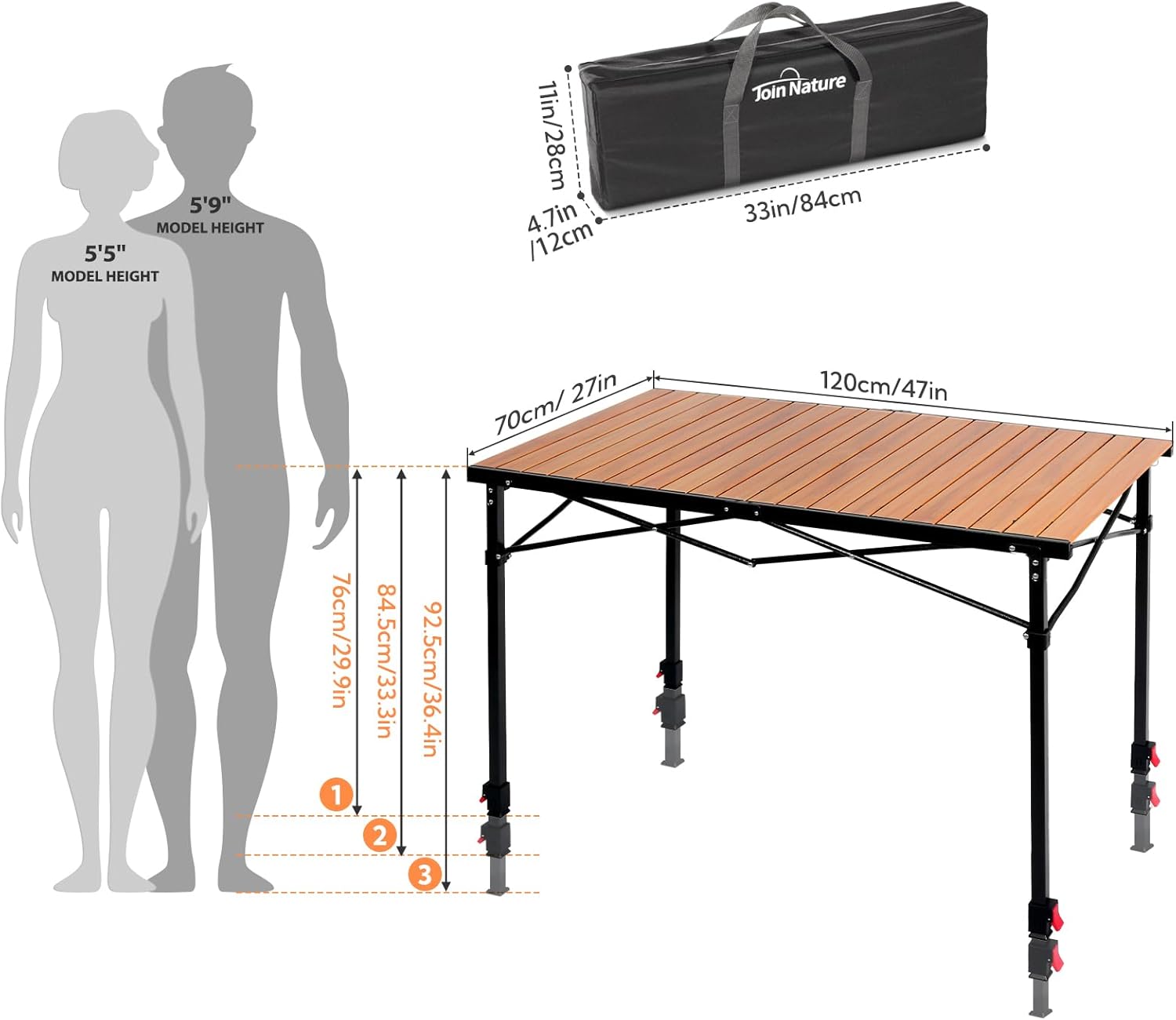Join Nature Portable Outdoor Adjustable Height Camping Table, Large for 2-6 Person, Foldable Roll-up Aluminum Camp Table with Carry Bag for Picnic, Camp, Sturdy, Stable, Loads 220 Lbs