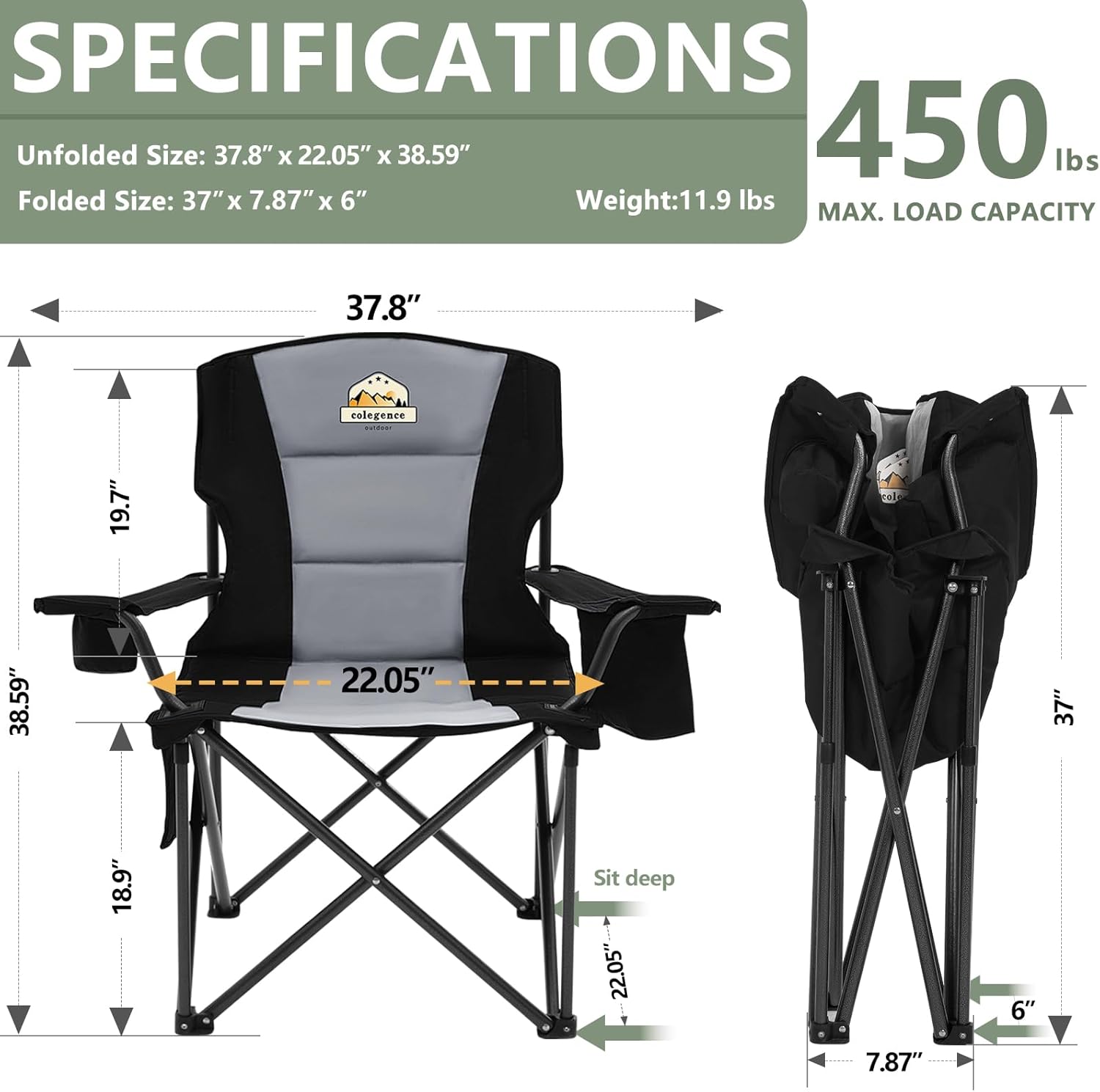 Alternative view of Oversized Camping Chairs 2 Pack - 450lbs Support Heavy Duty Folding Camp Chair Wide Portable Outside Collapsible Chairs with Carry Bag,Cooler,Cup Holder for Outdoor,Lawn,Sports,Baseball,Soccer-Black