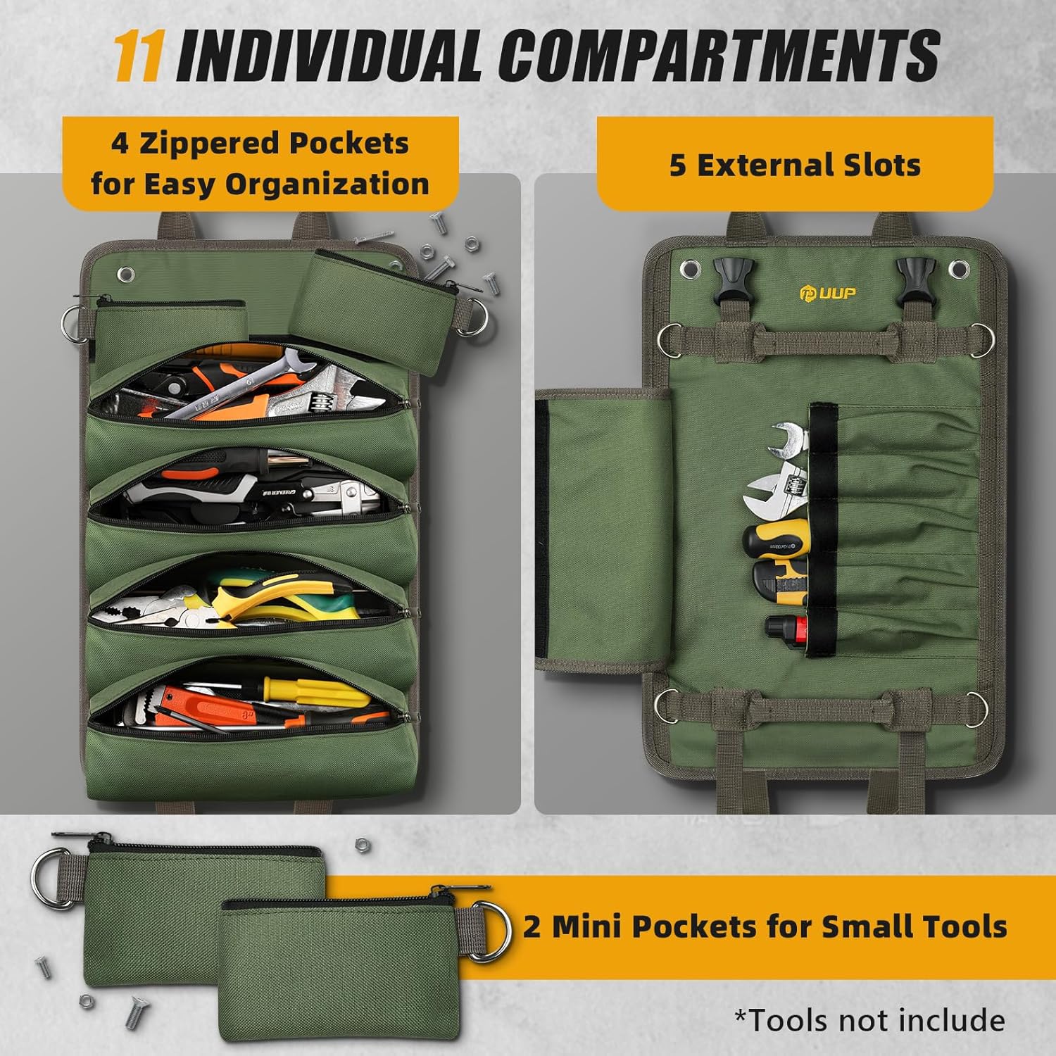 Alternative view of Tool Bag Roll Up, UUP Heavy Duty Portable Soft Tool Storage, Foldable Empty Rollup Organizer with Small Pockets, Official Rollable Toolbag, Valentines Day Gifts for Him Dad Men Mechanic Welding, Green