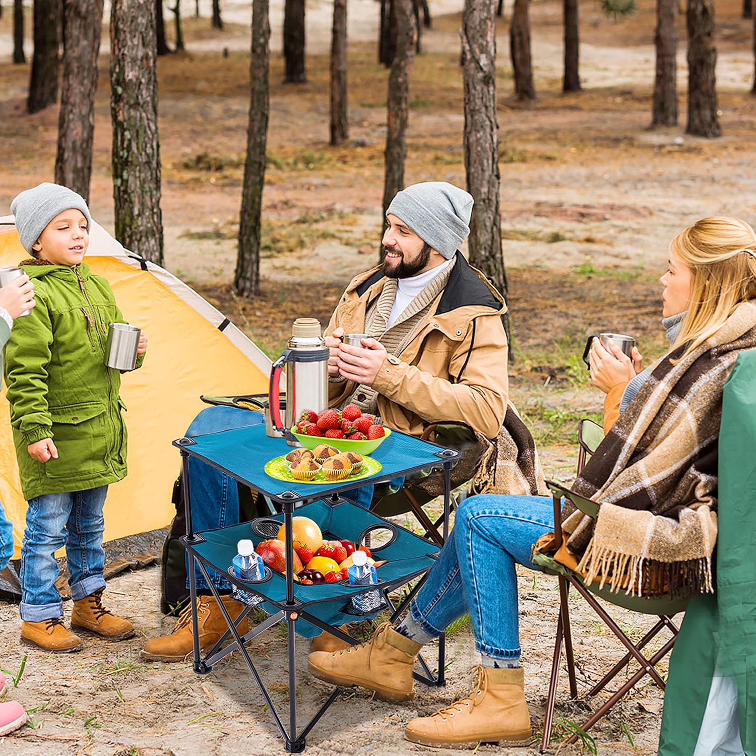 ARMOR CASTLE Folding Camping Table, Portable Outdoor Picnic Table, Lightweight Square Camp Table with Built-in 4 Cup Holders Food Basket and Travel Bag for Barbeque Beach Camping and Tailgate Blue