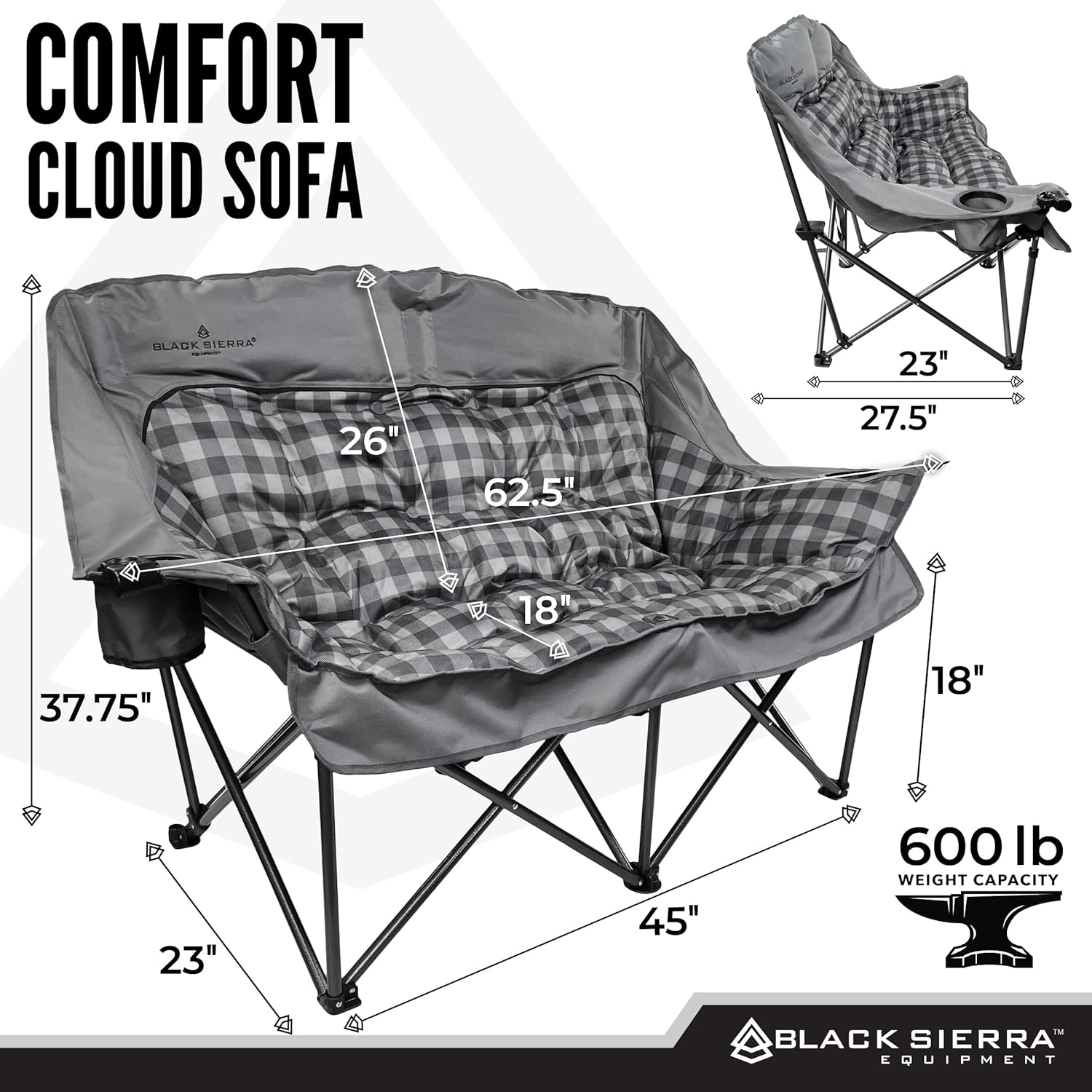 Black Sierra Double Camping Chair for Adults, Oversized Folding Loveseat Supports 600 lbs, Plush Padded Outdoor Couch with Cup Holders and Carry Bag for Beach, Patio, RV, or Tailgating Events