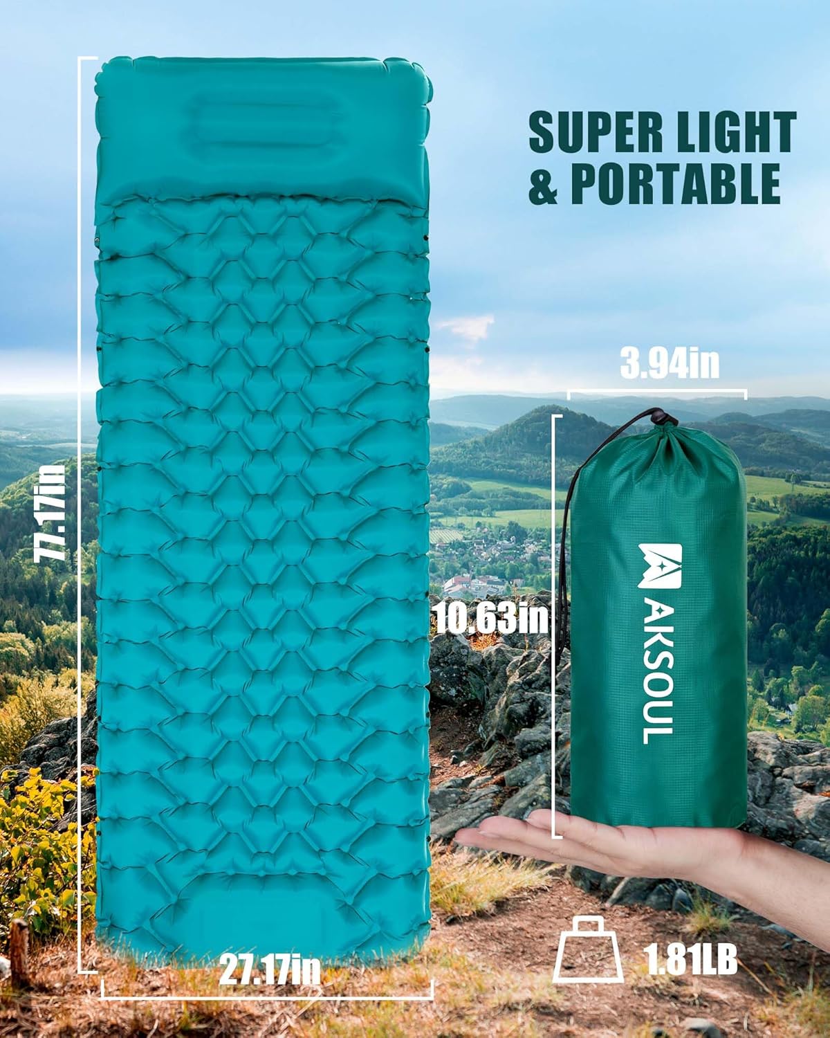 AKSOUL Camping Sleeping Pad with Pillow: Extra Thick 3.9 inch Ultralight Self Inflating Air Mat, Compact Lightweight Insulated Inflatable Sleep Mattress for Backpacking, Camp, Hiking, Tent