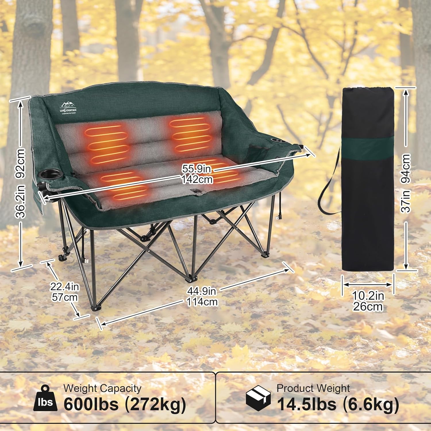 LANMOUNTAIN Heated Double Camping Chairs,3 Heat Levels Padded Portable Loveseat w/Wine Glass Holder,Cup Holder,Heating Outdoor Camp Couch Support 600 Lbs,Dark Green,Battery NOT Included