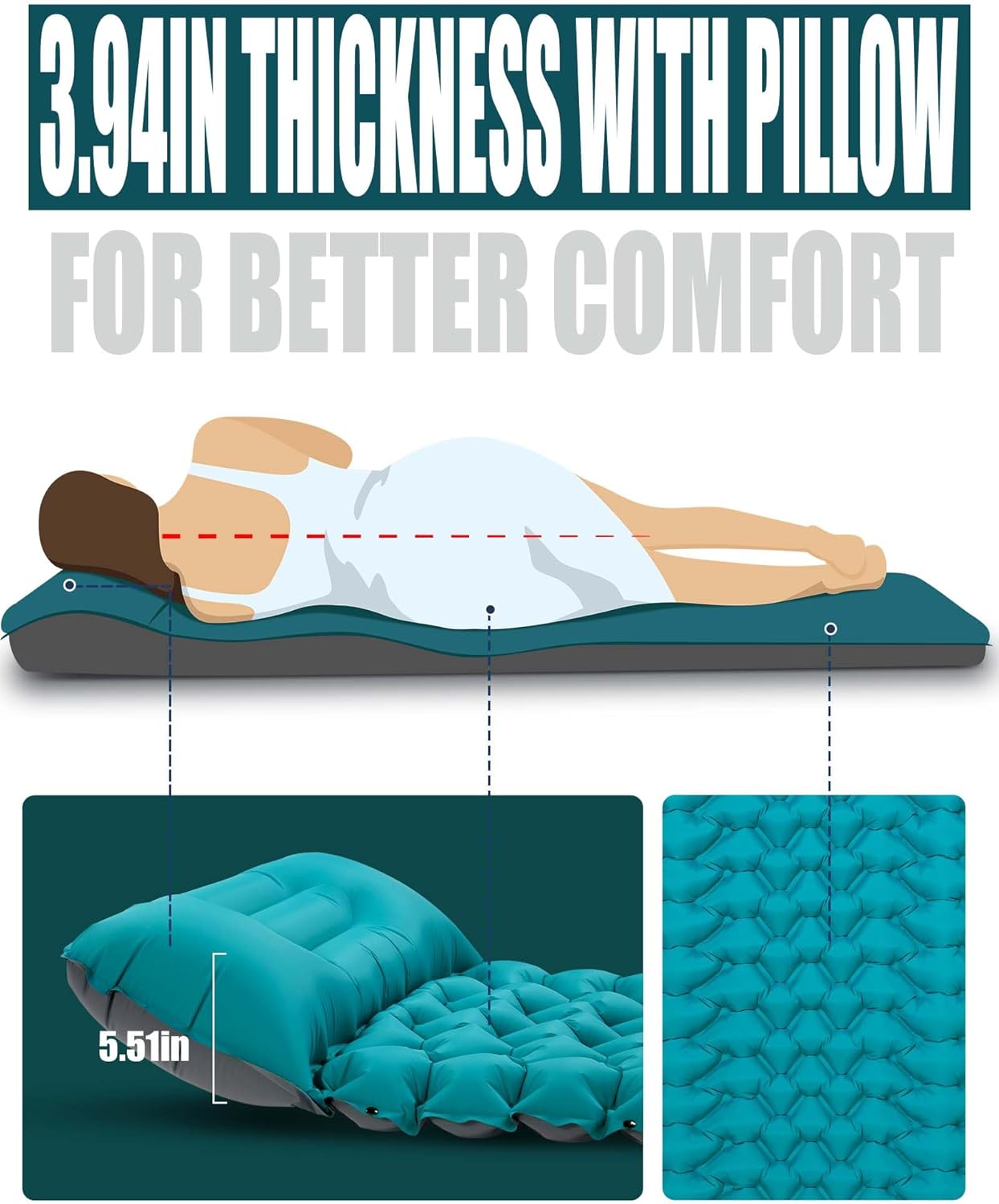 Alternative view of AKSOUL Camping Sleeping Pad with Pillow: Extra Thick 3.9 inch Ultralight Self Inflating Air Mat, Compact Lightweight Insulated Inflatable Sleep Mattress for Backpacking, Camp, Hiking, Tent