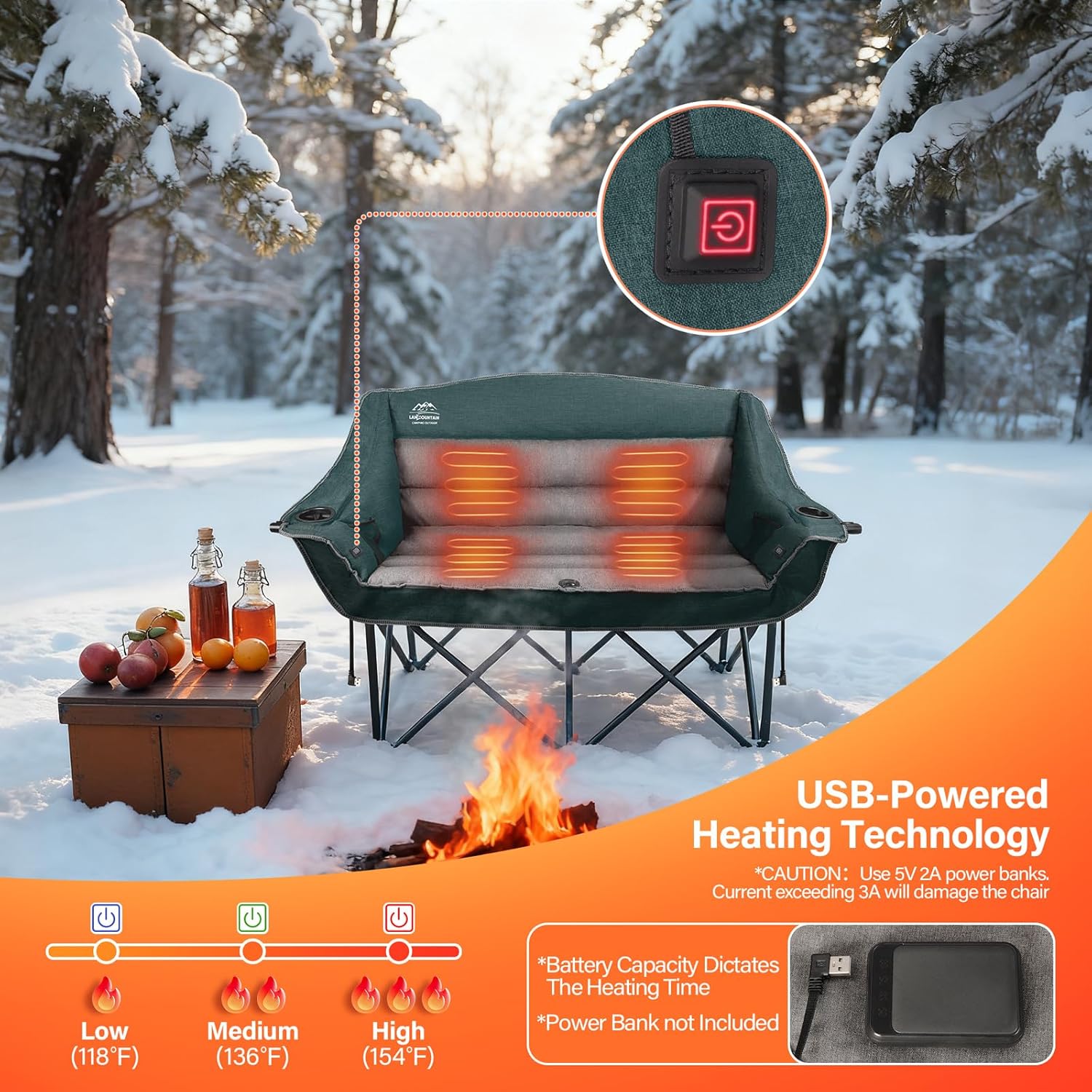 Alternative view of LANMOUNTAIN Heated Double Camping Chairs,3 Heat Levels Padded Portable Loveseat w/Wine Glass Holder,Cup Holder,Heating Outdoor Camp Couch Support 600 Lbs,Dark Green,Battery NOT Included