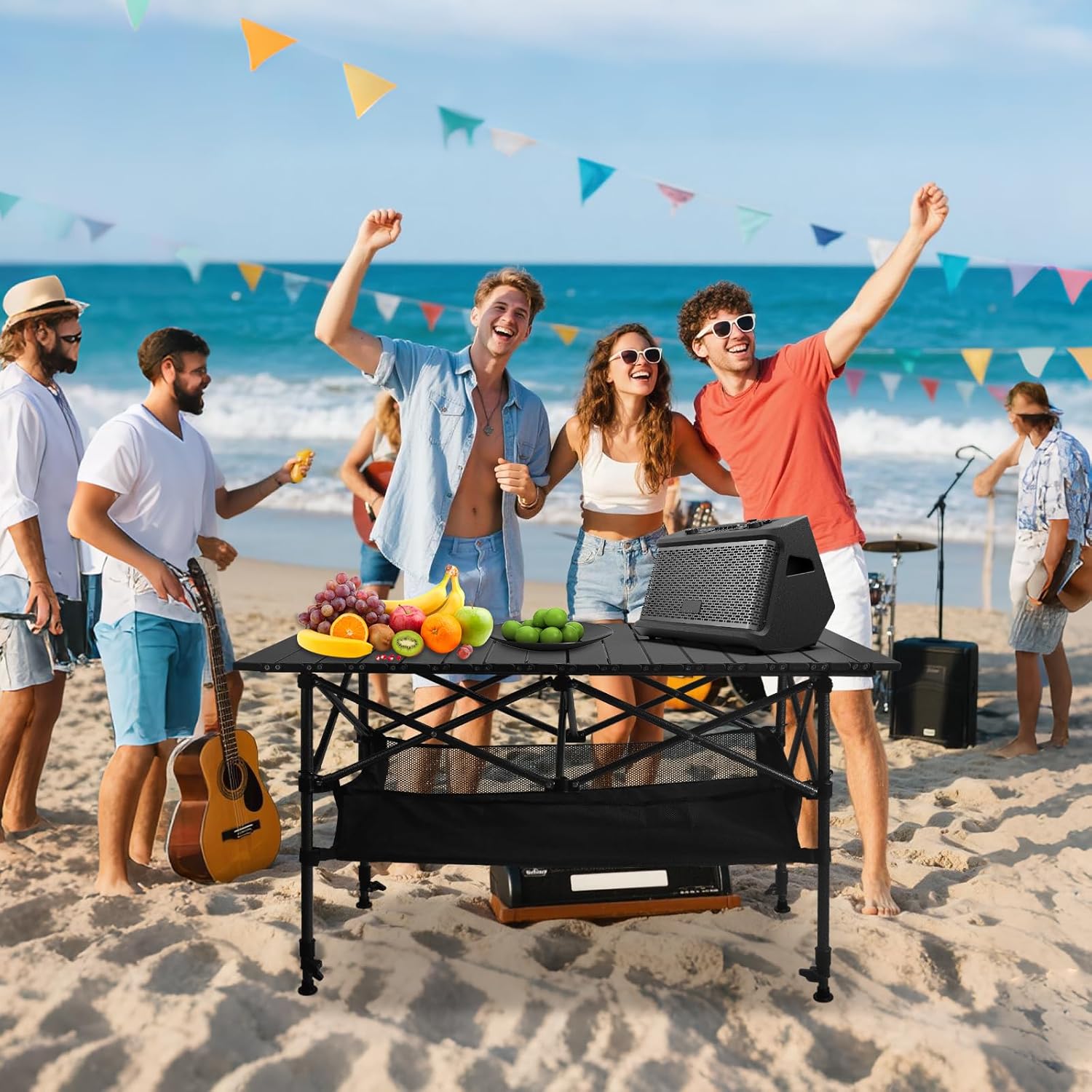 Audoyon Folding Camping Table, Outdoor Roll-up Table Height Adjustable & Portable Metal Camp Grill Table for Picnic, BBQ, Party, Backyard, Beach, Mesh Storage and Carry Bag (Ash Black, 37.4'' Large)