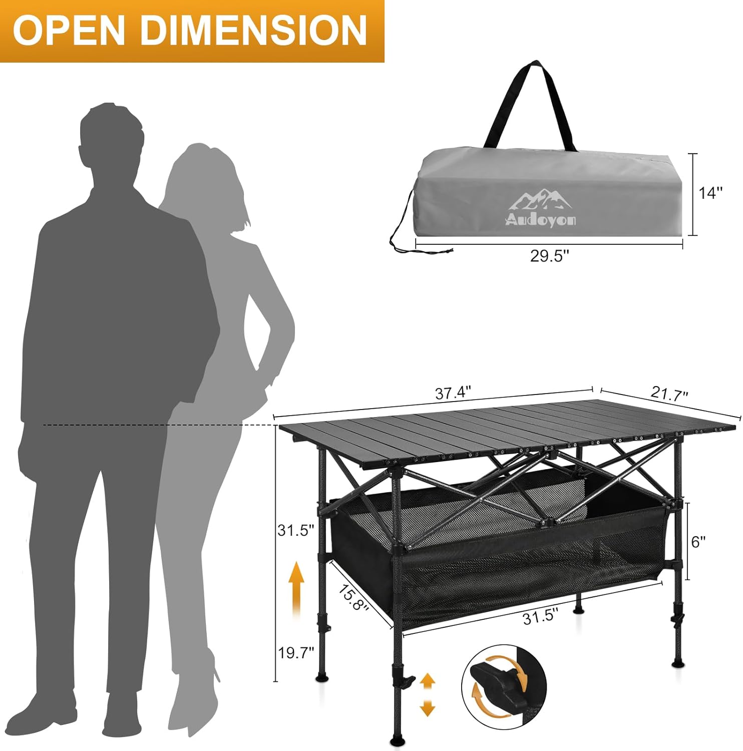 Alternative view of Audoyon Folding Camping Table, Outdoor Roll-up Table Height Adjustable & Portable Metal Camp Grill Table for Picnic, BBQ, Party, Backyard, Beach, Mesh Storage and Carry Bag (Ash Black, 37.4'' Large)