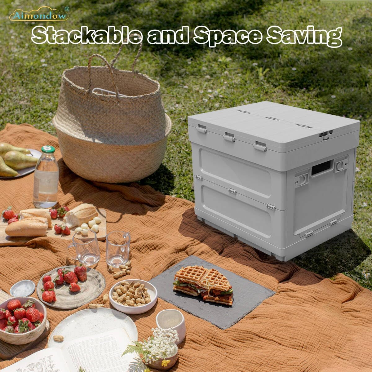 Folding Storage Box with Table, 3 in 1 Camping Collapsible Bins with Parking Warning Sign, Multifunctional Foldable Container, Outdoor Storage Bin for Picnic, Home, Office, Car