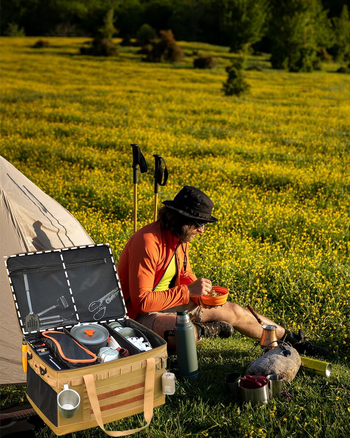 OutCrest Tactical Camping Storage Bag，Expandable 76L Large Capacity Heavy-Duty Duffel Organizer with Waterproof Bottom, 2 Adjustable Dividers, Collapsible, 900D Oxford Fabric, Outdoor Gear