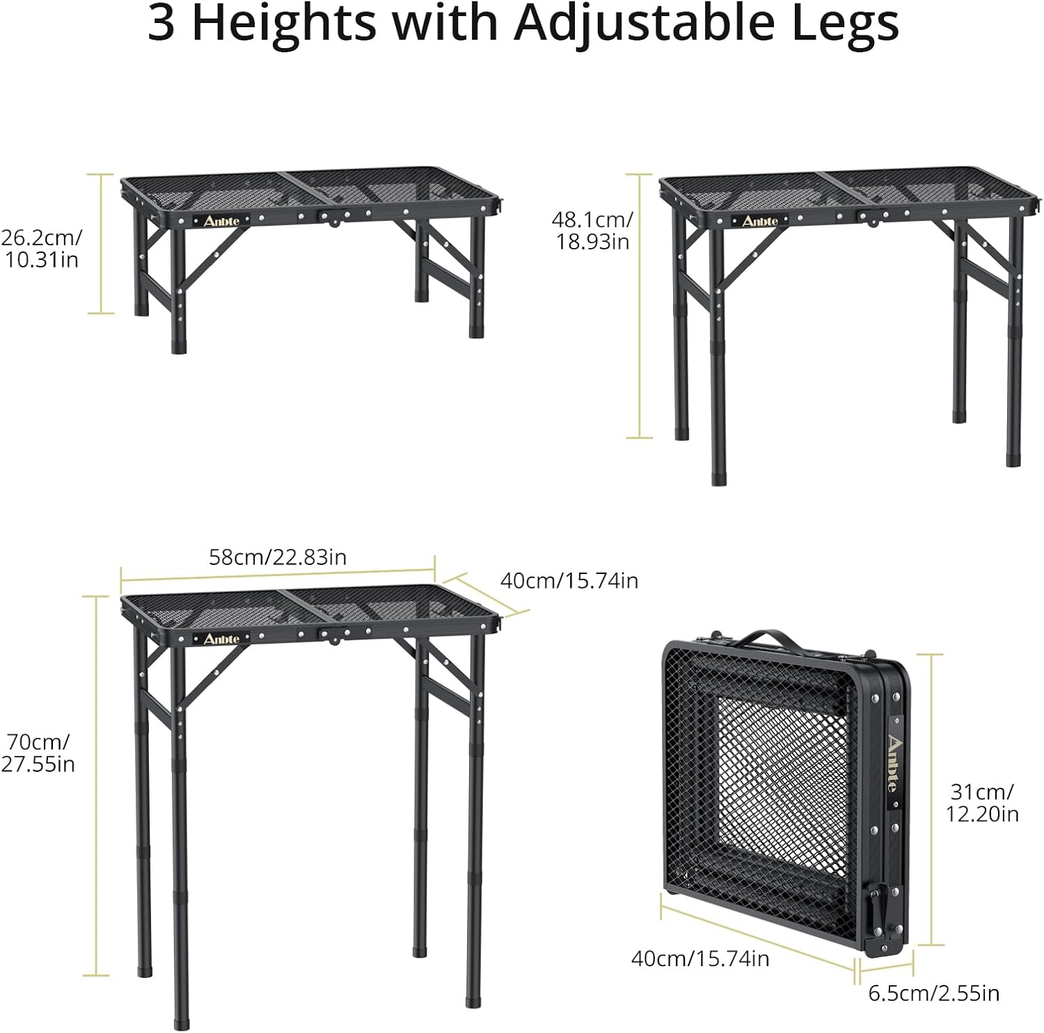 Alternative view of Anbte Folding Grill Table, Aluminum Camping Table Adjustable Height Max 27.5" Picnic Table Outdoor Table, Lightweight, Portable Handle for Travel Cooking BBQ Picnic, 22.8" x 16", Black