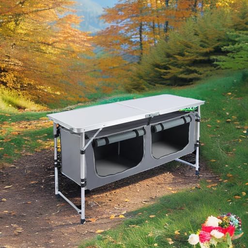 JOUYEK Camping Table, Folding Camping Table with Storage, Portable Kitchen Table, Lightweight, 3 Heights Adjustable Camping Furniture for BBQ, Picnic, Camping, Hiking, Beach, and Indoor