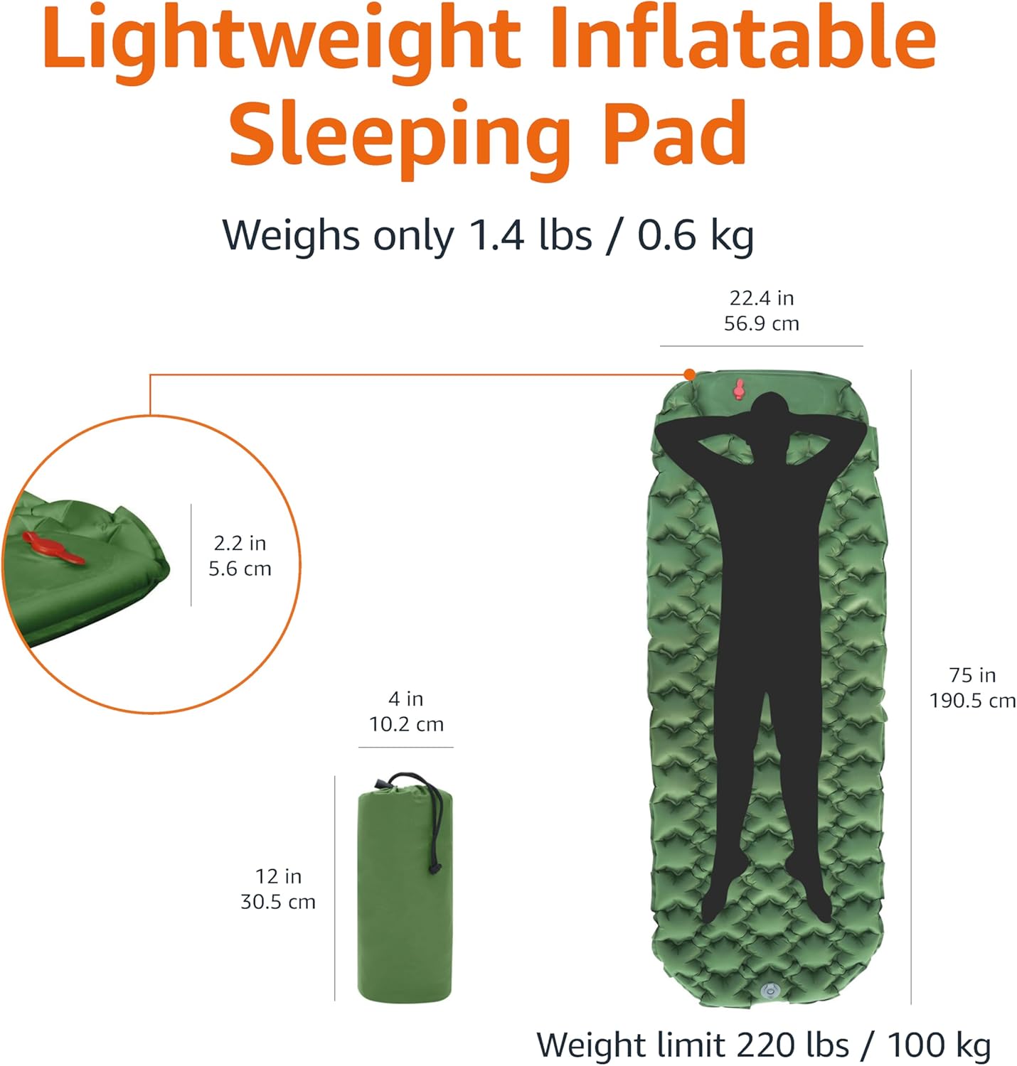 Alternative view of Amazon Basics Camping Sleeping Pad with Quick-Inflate Foot Pump, Water Resistant, Ultralight, Olive Green