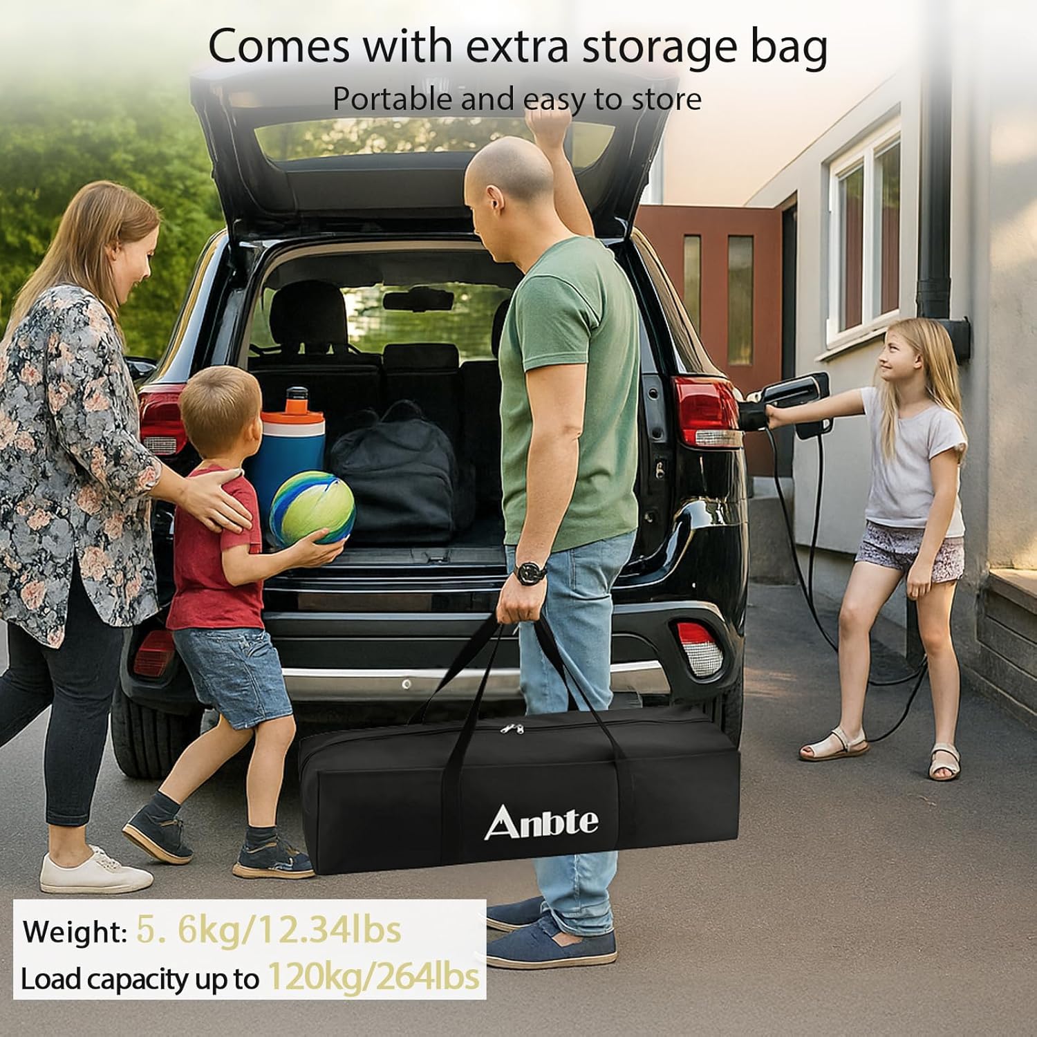 Anbte Camping Table Foldable, 2 Adjustable Height 34.2u201D, Large Roll Up Camping Table Support 264lbs with Storage Basket and Bag, Aluminum Outdoor Table, for Picnic Travel BBQ, 39.4u201D x 19.7u201D, Black