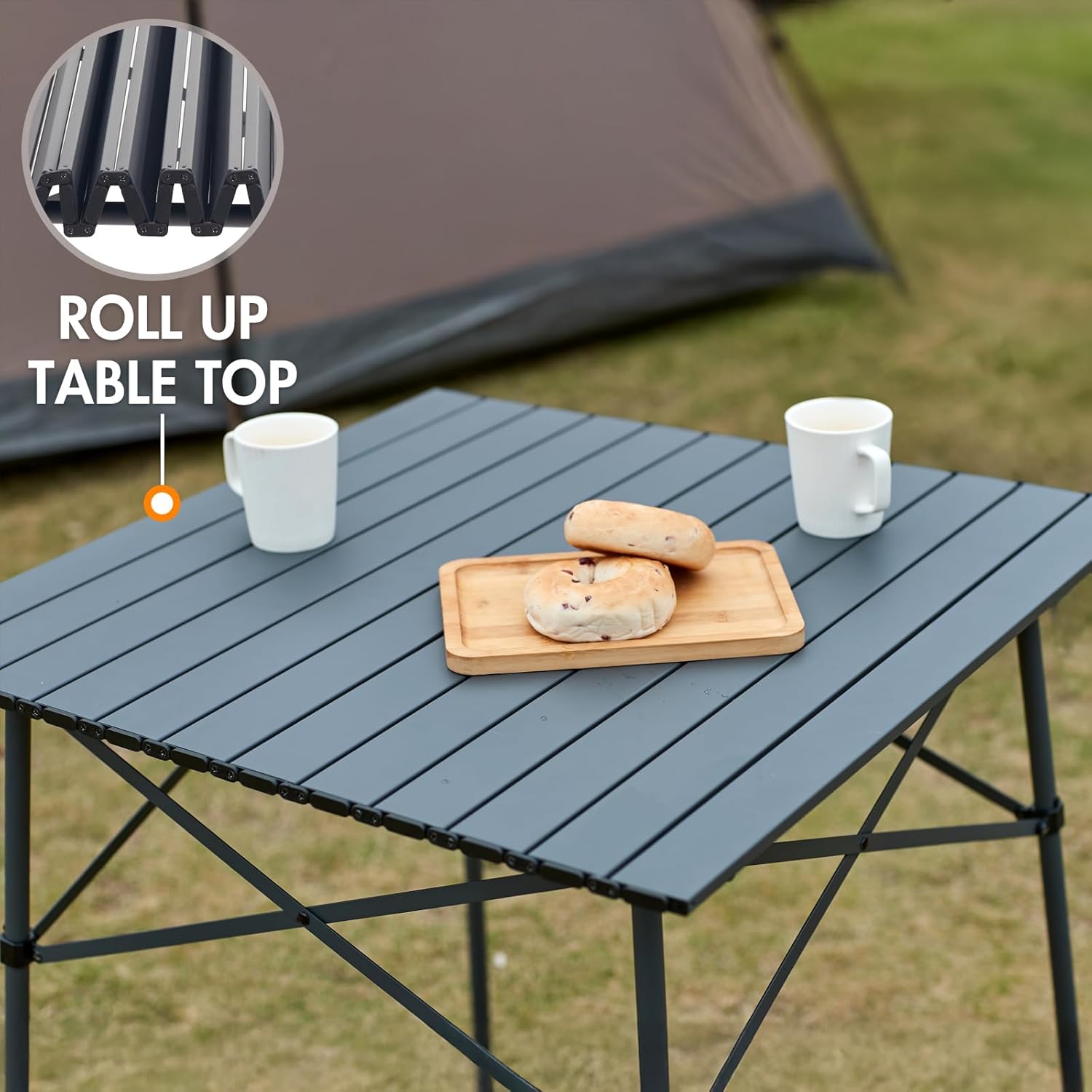 Portal Lightweight Aluminum Folding Square Table Roll Up Top 4 People Compact Table with Carry Bag for Camping, Picnic, Backyards, BBQ, Dark Gray