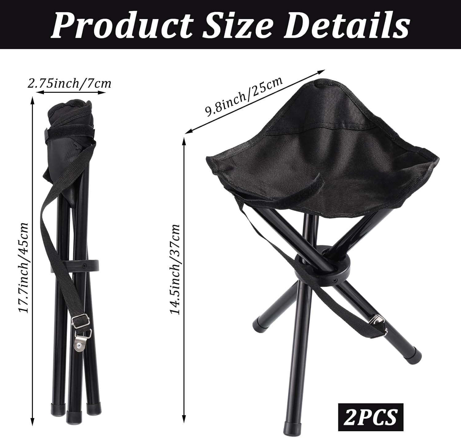 2PCS Portable Folding Camping Stool,Travel Outdoor Tripod Seat,Black Folding Camping Chairs for Camping Party Picnic Beach Garden Lawn Walking Hiking