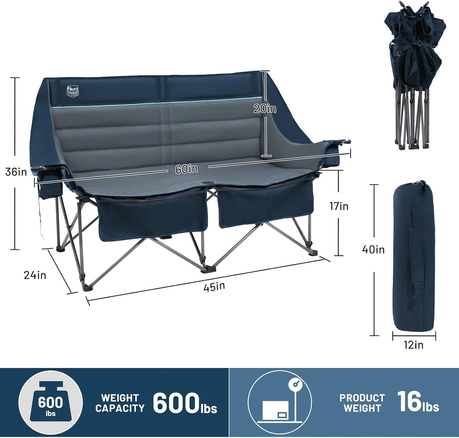 Alternative view of Timber Ridge Double Camping Chair, Heavy Duty Outdoor Folding Camp Couch, Loveseat Camping Chairs Perfect for Campsites, Patio/Lawn, Soccer Games or Other Youth Sports, Supports 600 lbs