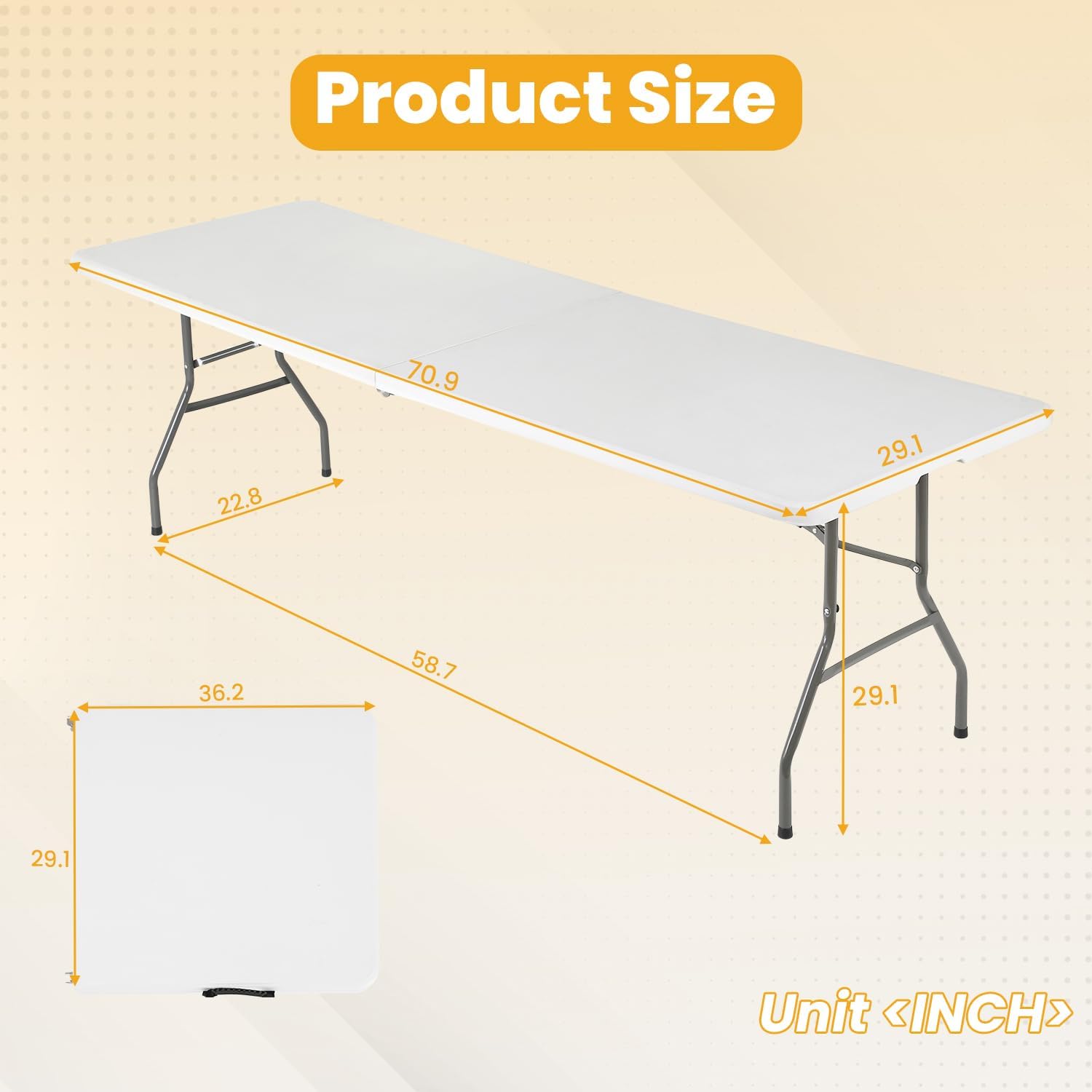 FDW 6FT Folding Table, Portable Fold-in-Half Plastic Picnic Party Table with Carrying Handle （White, 6FT）