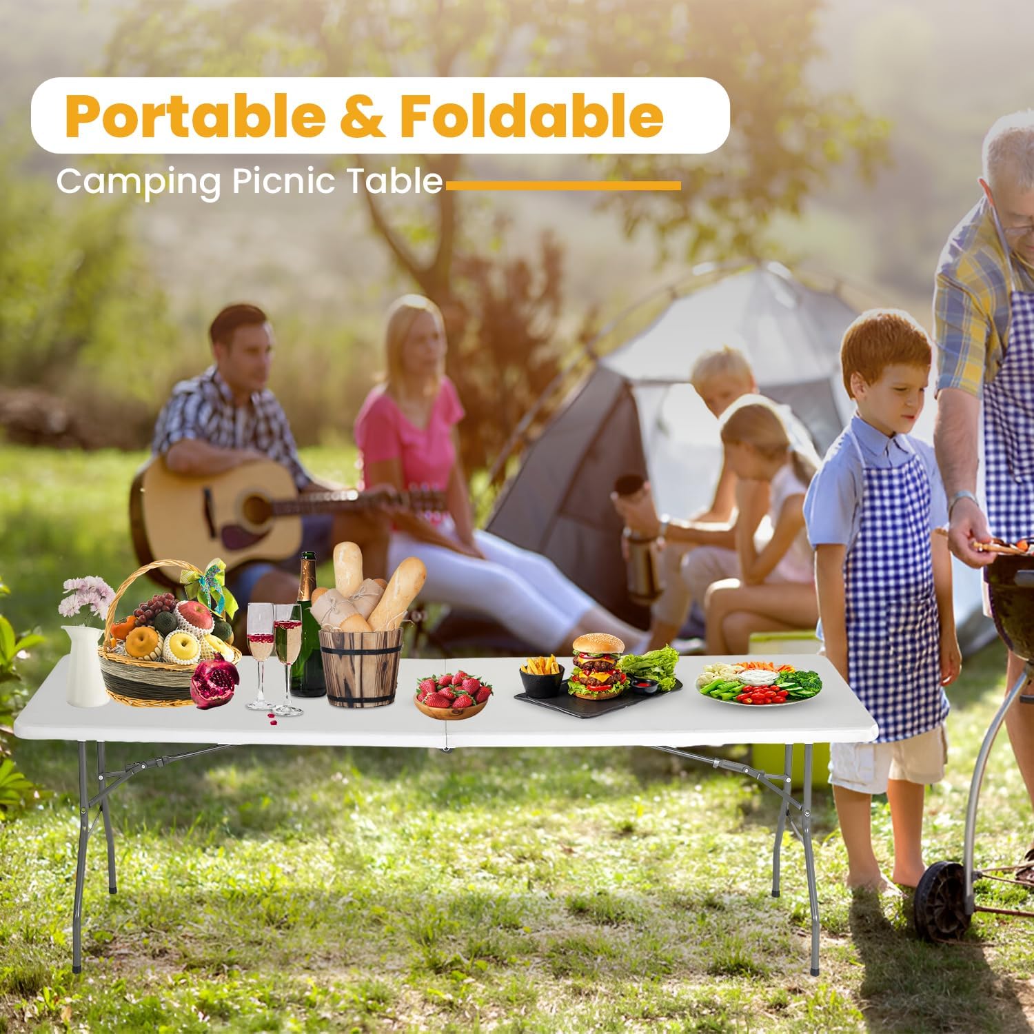 Alternative view of FDW 6FT Folding Table, Portable Fold-in-Half Plastic Picnic Party Table with Carrying Handle （White, 6FT）