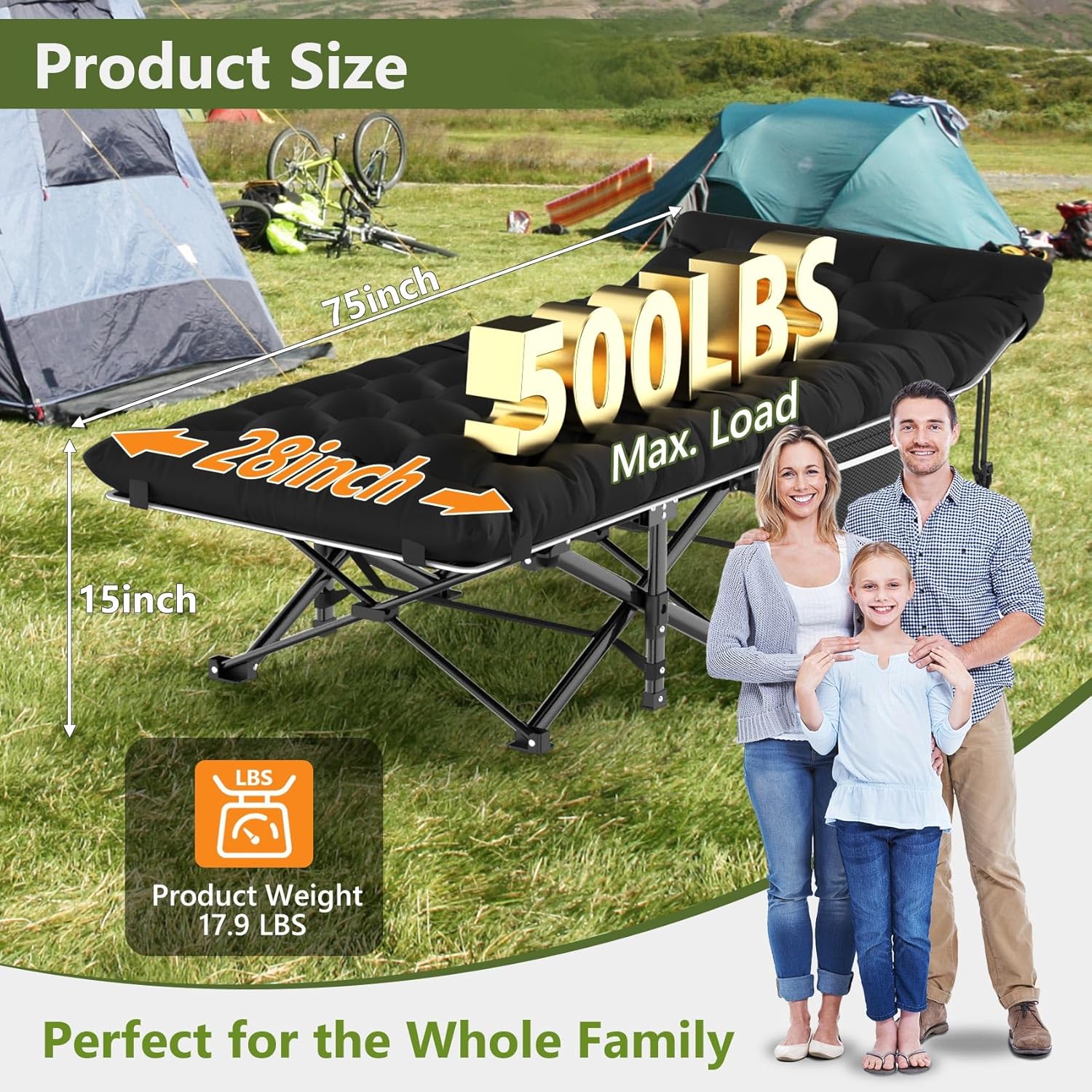 Slendor Camping Cot, Folding Camping Cots for Adults, Portable Sleeping Cot with Carry Bag, 1200D Double Layer Oxford, Camp Cot Bed for Guest Travel, Hiking, Support 500lbs, Black