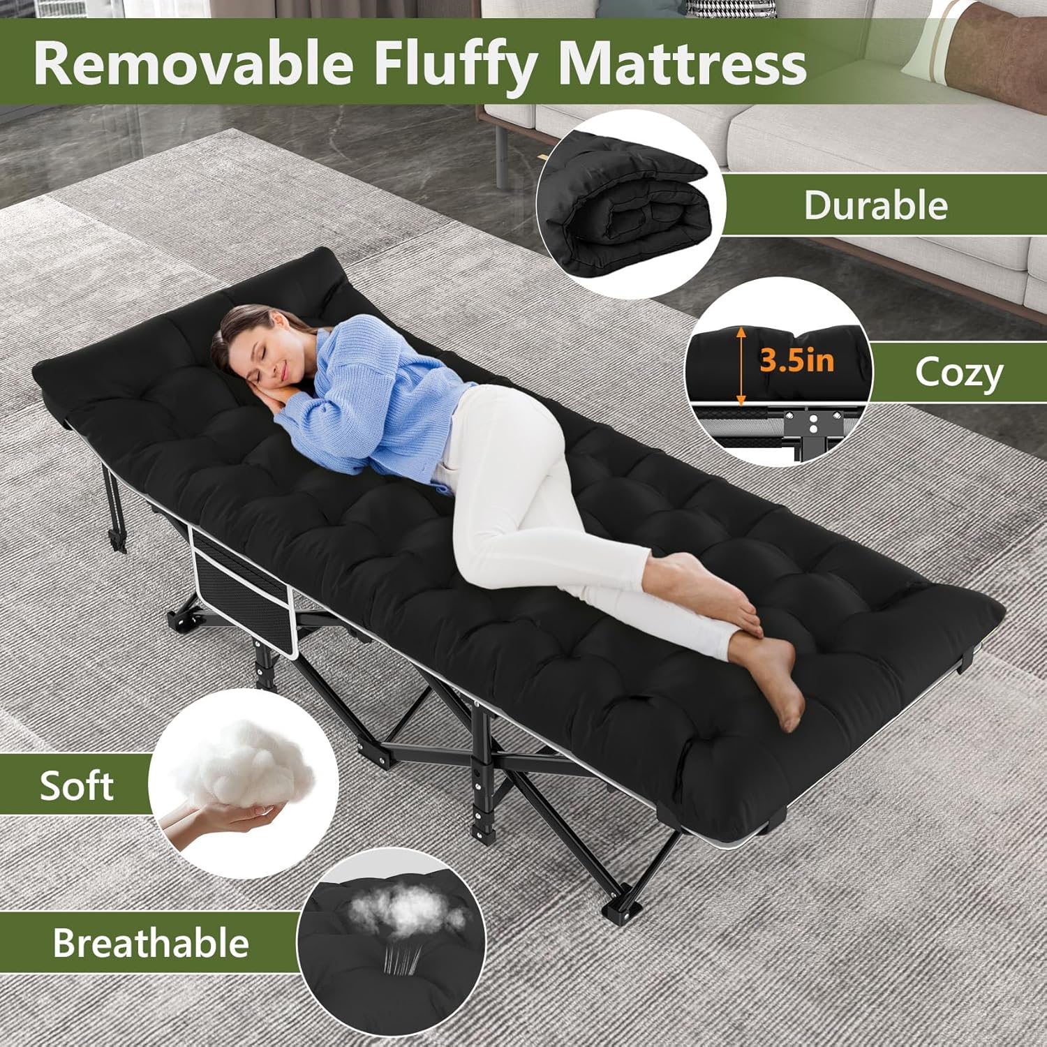 Alternative view of Slendor Camping Cot, Folding Camping Cots for Adults, Portable Sleeping Cot with Carry Bag, 1200D Double Layer Oxford, Camp Cot Bed for Guest Travel, Hiking, Support 500lbs, Black