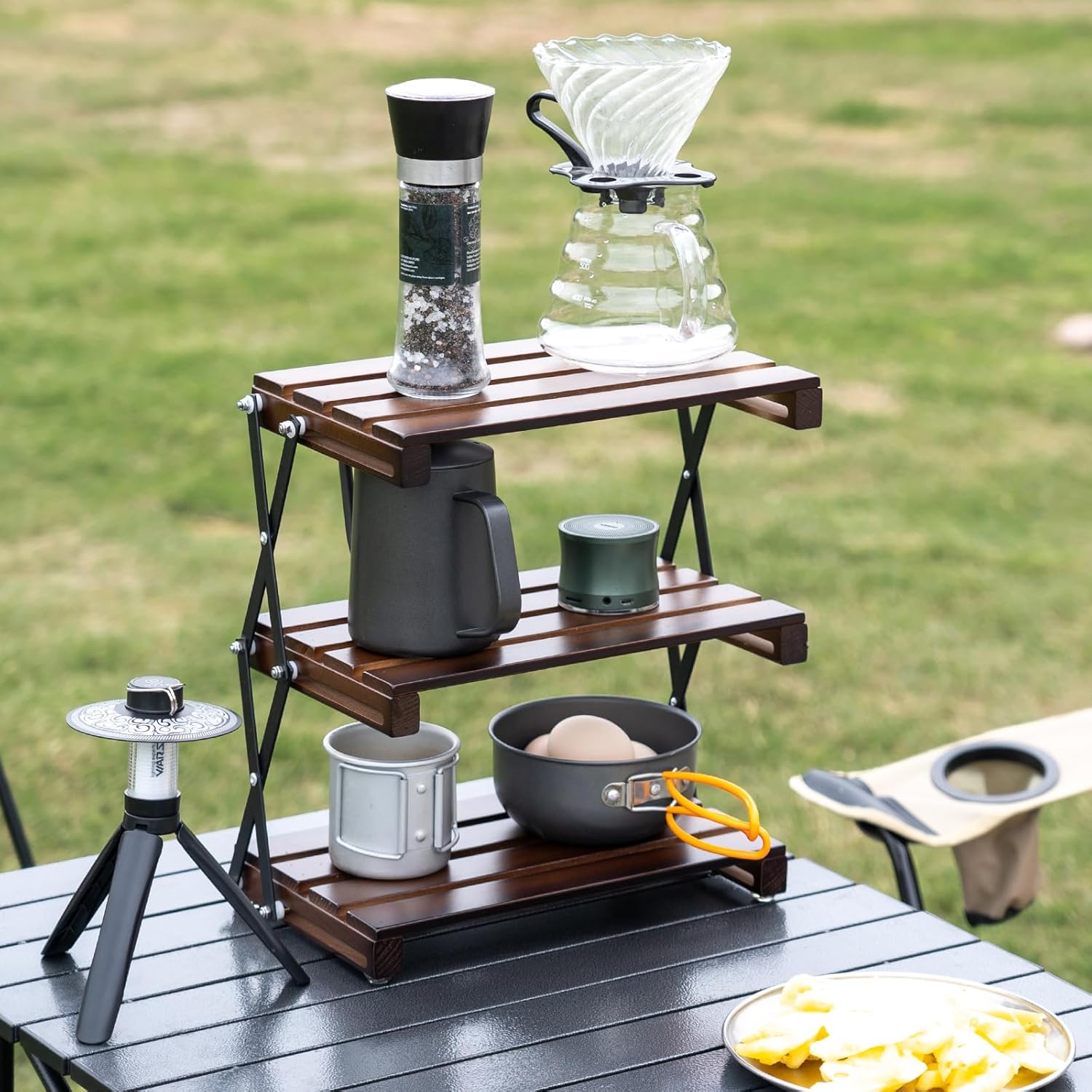3-Tier Compact Storage Rack - Lightweight,Camping Shelves, Lightweight Compact for Outdoor Picnic，Foldable Storage Shelves Portable Folding Camping Table with Storage