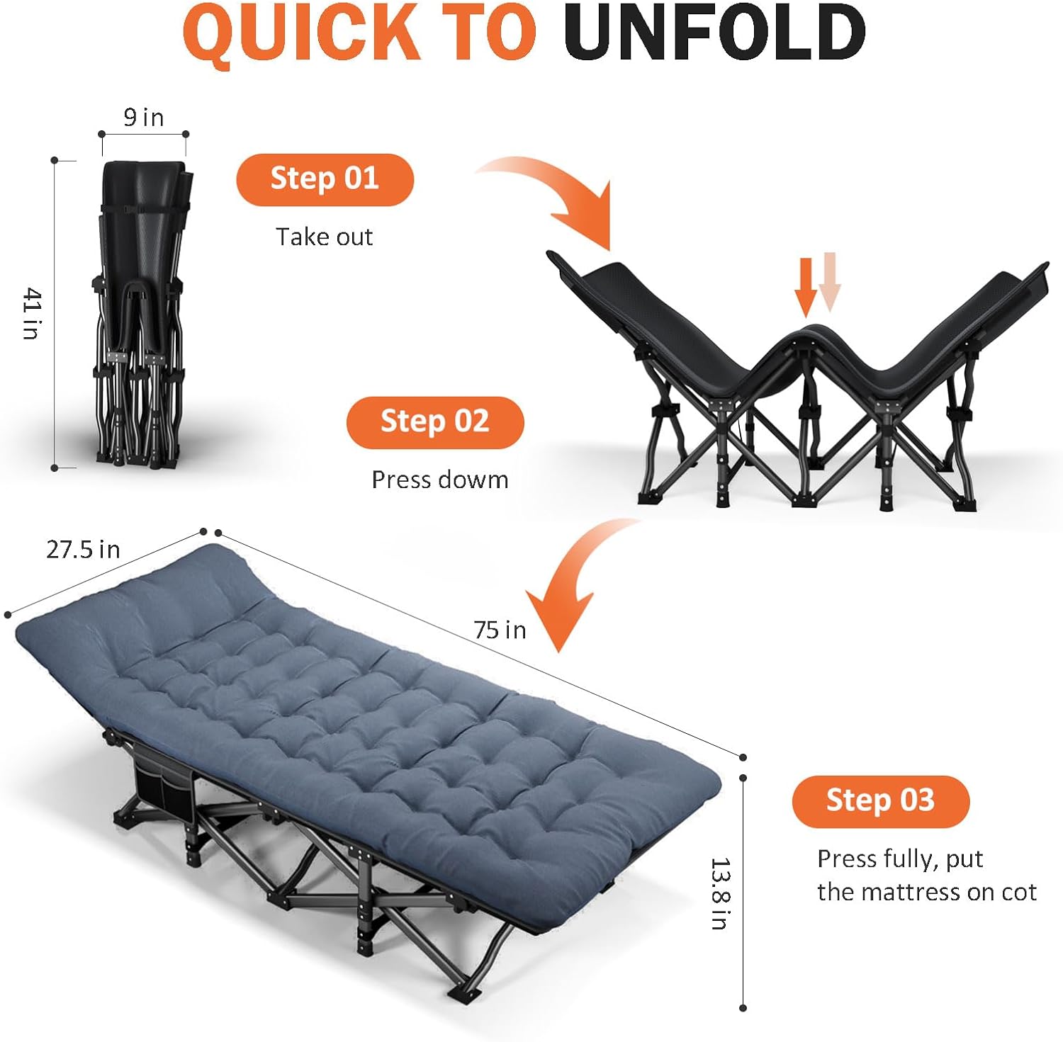 ATORPOK Camping Cot for Adults with Cushion Comfortable, Portable Folding Bed for Sleeping Supports 450 lbs (Blue)