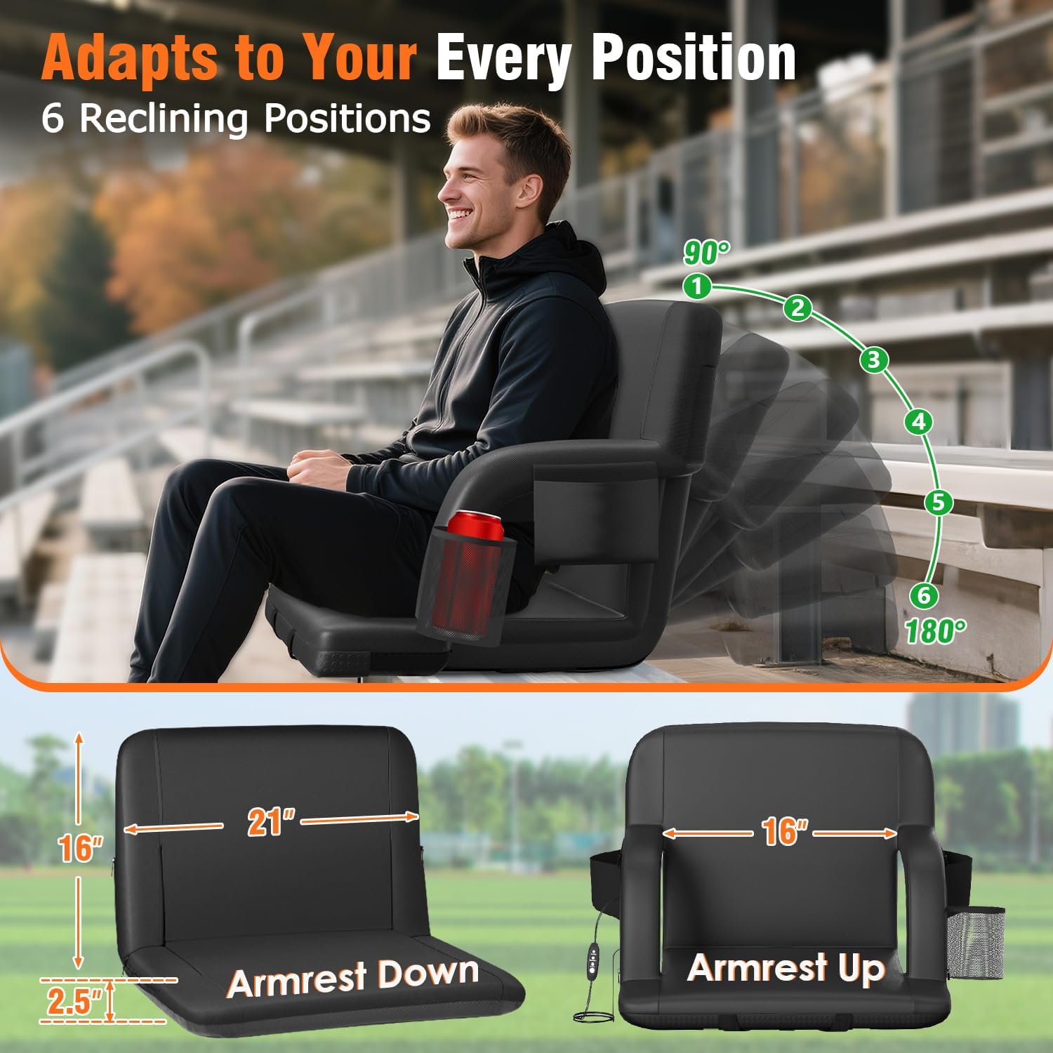Suteck Dual-Side Heated Stadium Seats with Back Support, Wide Portable Stadium Chair, Foldable Bleacher Chair W/USB 3-Level Heating, 5 Storage Pockets for Outdoor Bleachers Camping Games