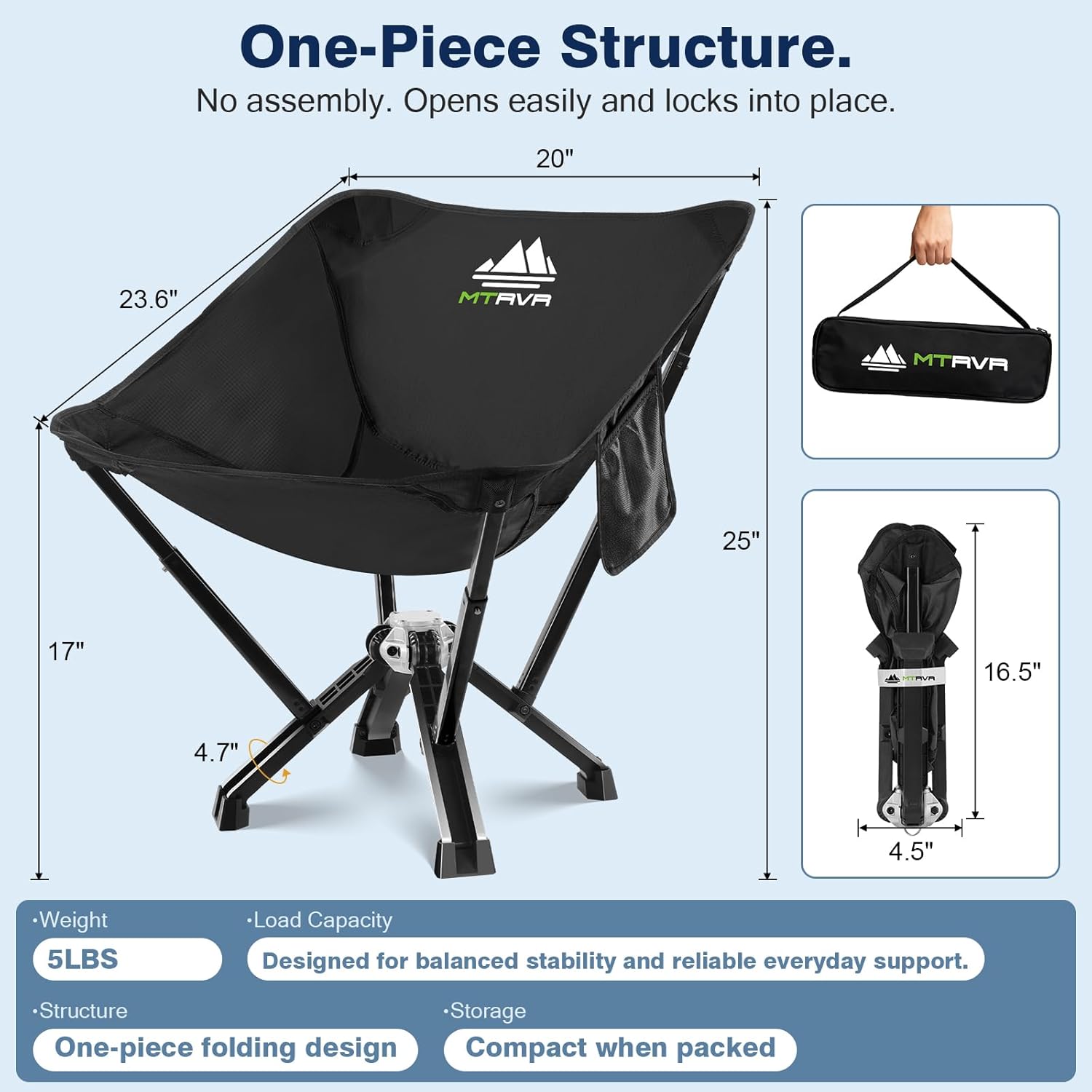 MTRVR Utility-Grade Folding Chair u2014 Stable One-Piece Structure, Authorized Folding Structure Patent, Balanced Aluminum Support, Compact & Portable Chair for Camping, Fishing & Everyday Outdoor Use