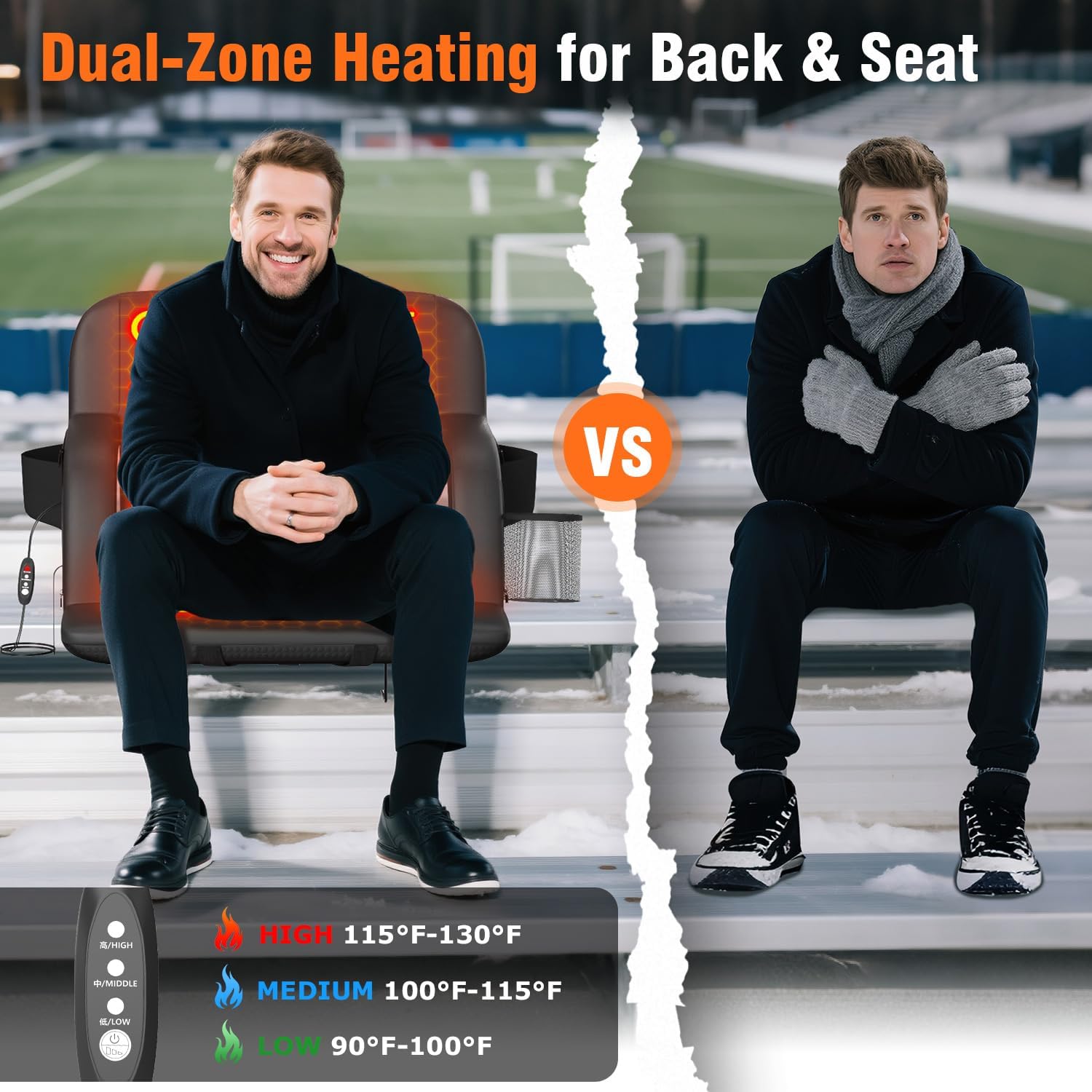 Alternative view of Suteck Dual-Side Heated Stadium Seats with Back Support, Wide Portable Stadium Chair, Foldable Bleacher Chair W/USB 3-Level Heating, 5 Storage Pockets for Outdoor Bleachers Camping Games
