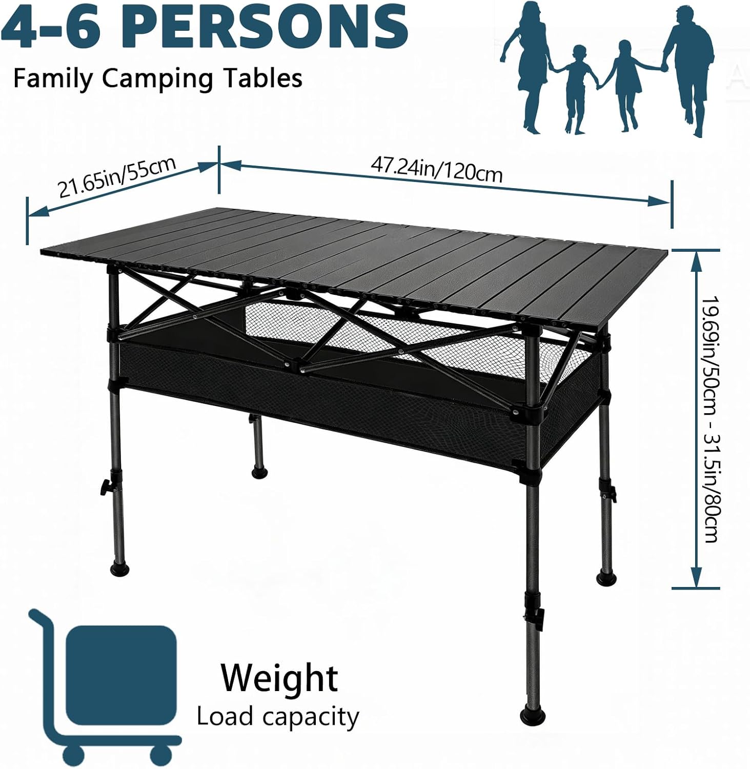Camping Table Folding Portable Table 47.24” X 21.65” Roll-up Picnic Table with 2 Adjustable Height for Picnic, Camping, Beach, BBQ, Party, Backyard, Black
