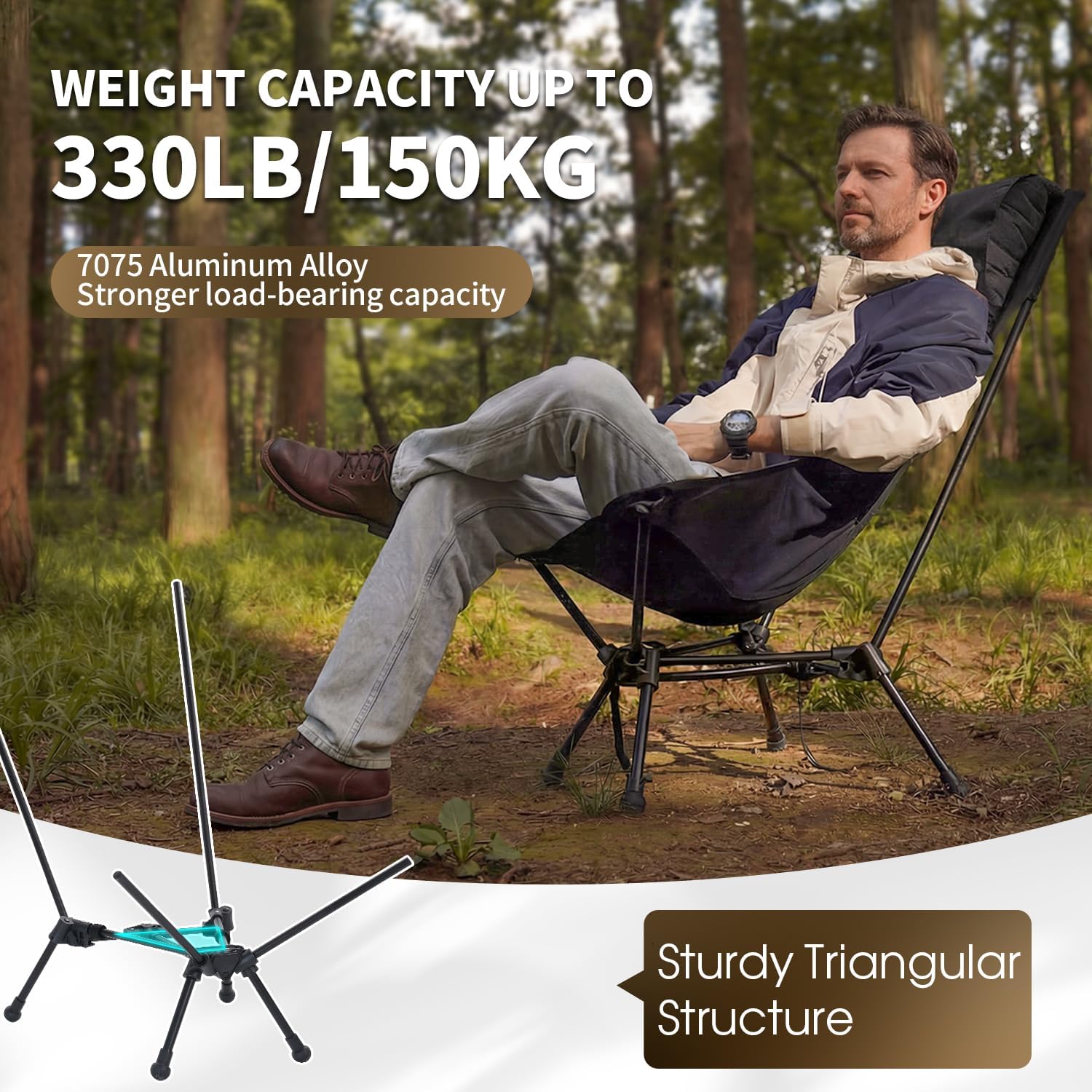 Alternative view of MOON LENCE High Back Folding Camping Chair, 330lbs Portable Compact Chair with Wide Seat & Ergonomic Back Support (Khaki)