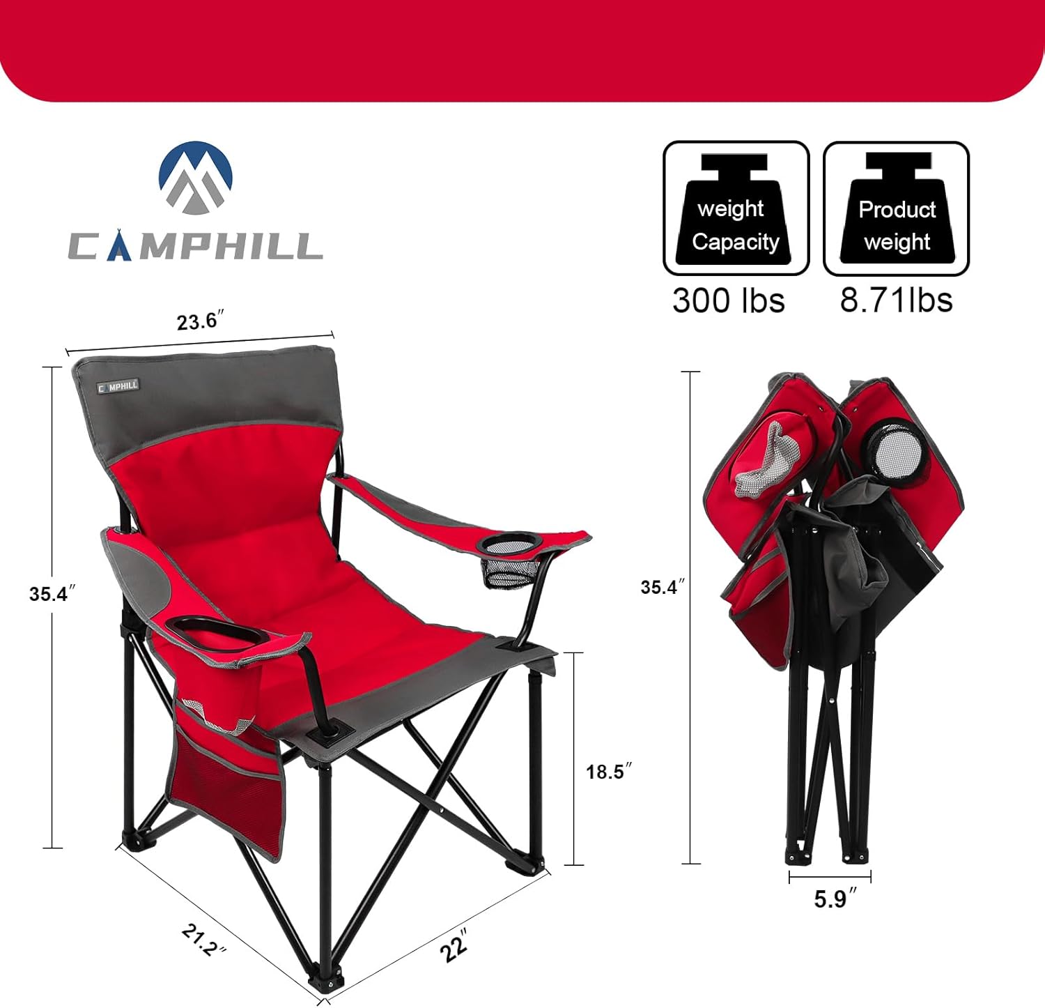 Alternative view of CAMPHILL Oversized Portable Camping Chairs, Collapsible Outdoor Chairs with Pocket and Cup Holders, Carry Bag for Camping,Tailgates,Beach,and Sports
