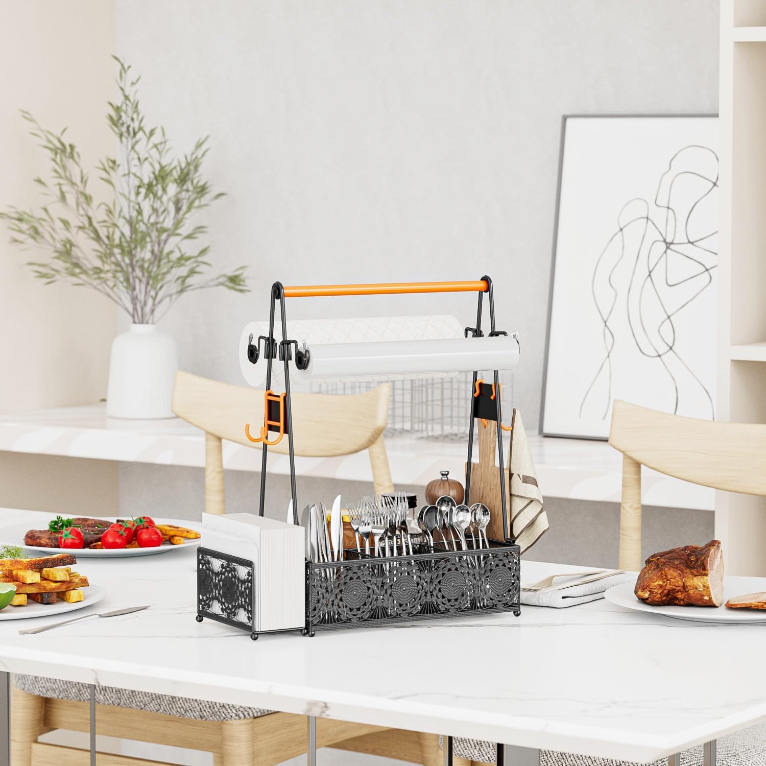 EKNITEY Outdoor Grill Caddy Organizer: Camping Kitchen Accessories Rack With Paper Towel - Utensil Condiment Storage For Patio Camper BBQ Party RV