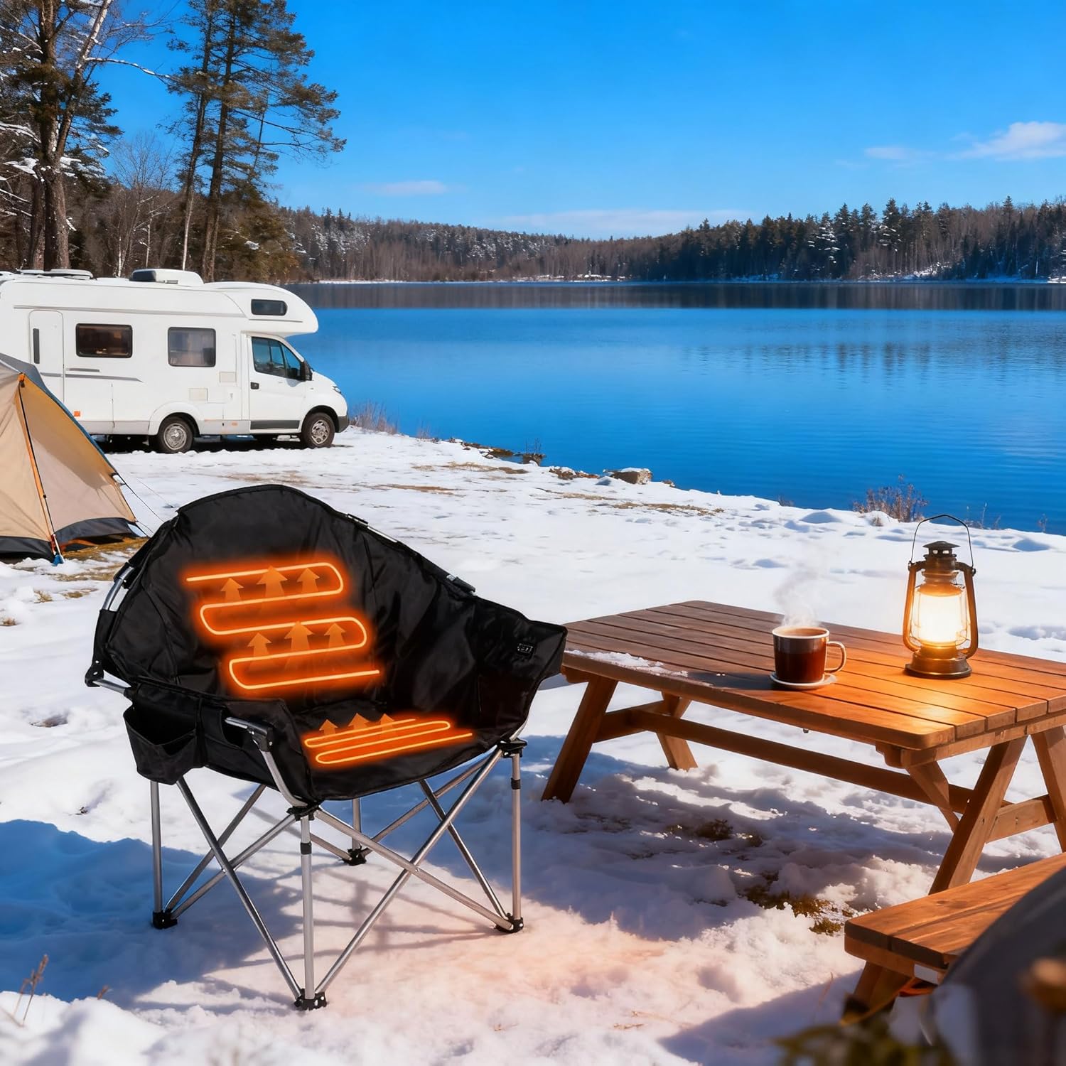 SunSettler Heated Camping Chair, Oversized Heated Outdoor Chairs for Adults with 3 Heat Levels, Portable Folding Padded Chair for Camp, Lawn, Sports (Battery NOT Included) (Black, Small)