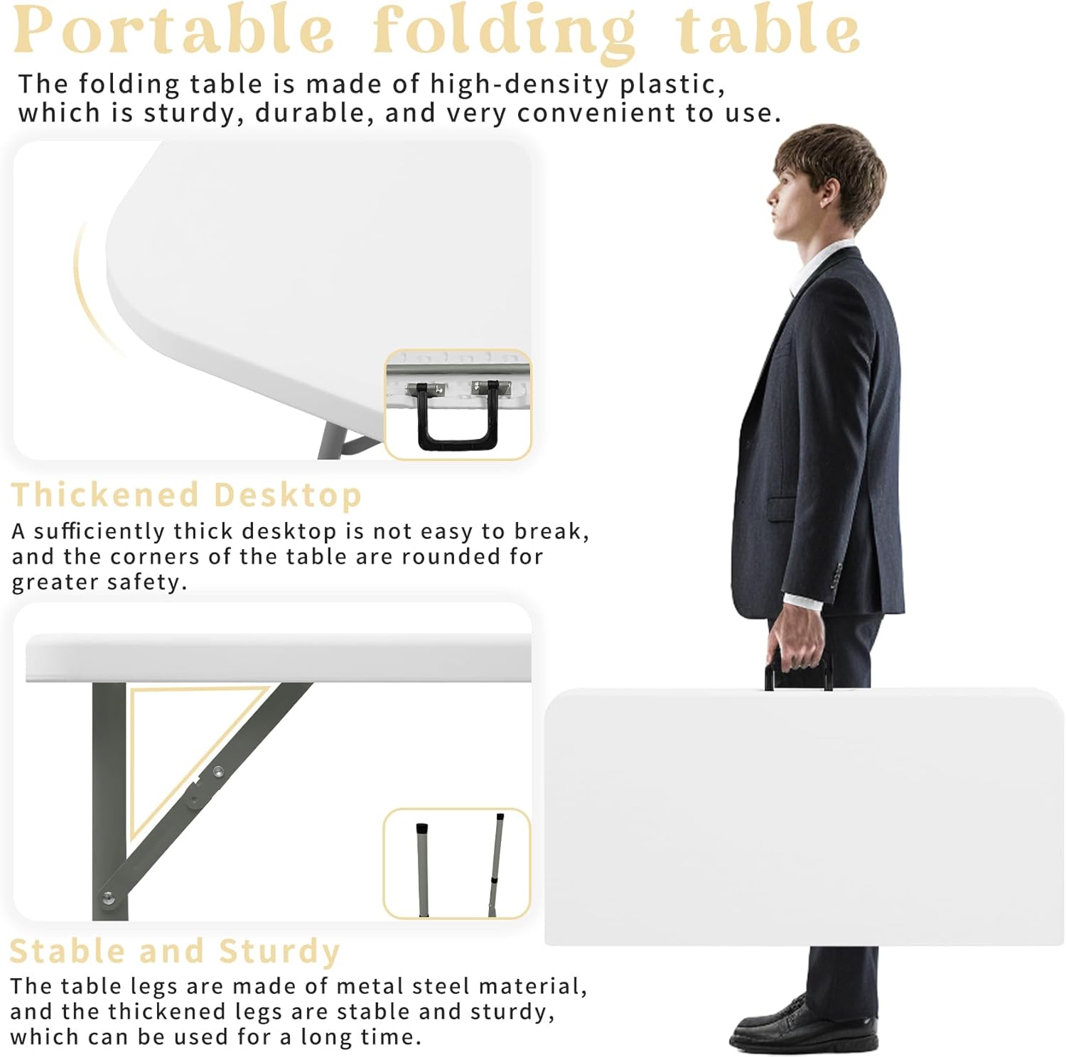 Alternative view of 34" Square Folding Table,Multi-Functional Portable Folding Card Table with Carrying Handle for Indoor Outdoor Camping,Picnic, Office, Party Use, HDPE Plastic Tabletop with Metal Frame(White)