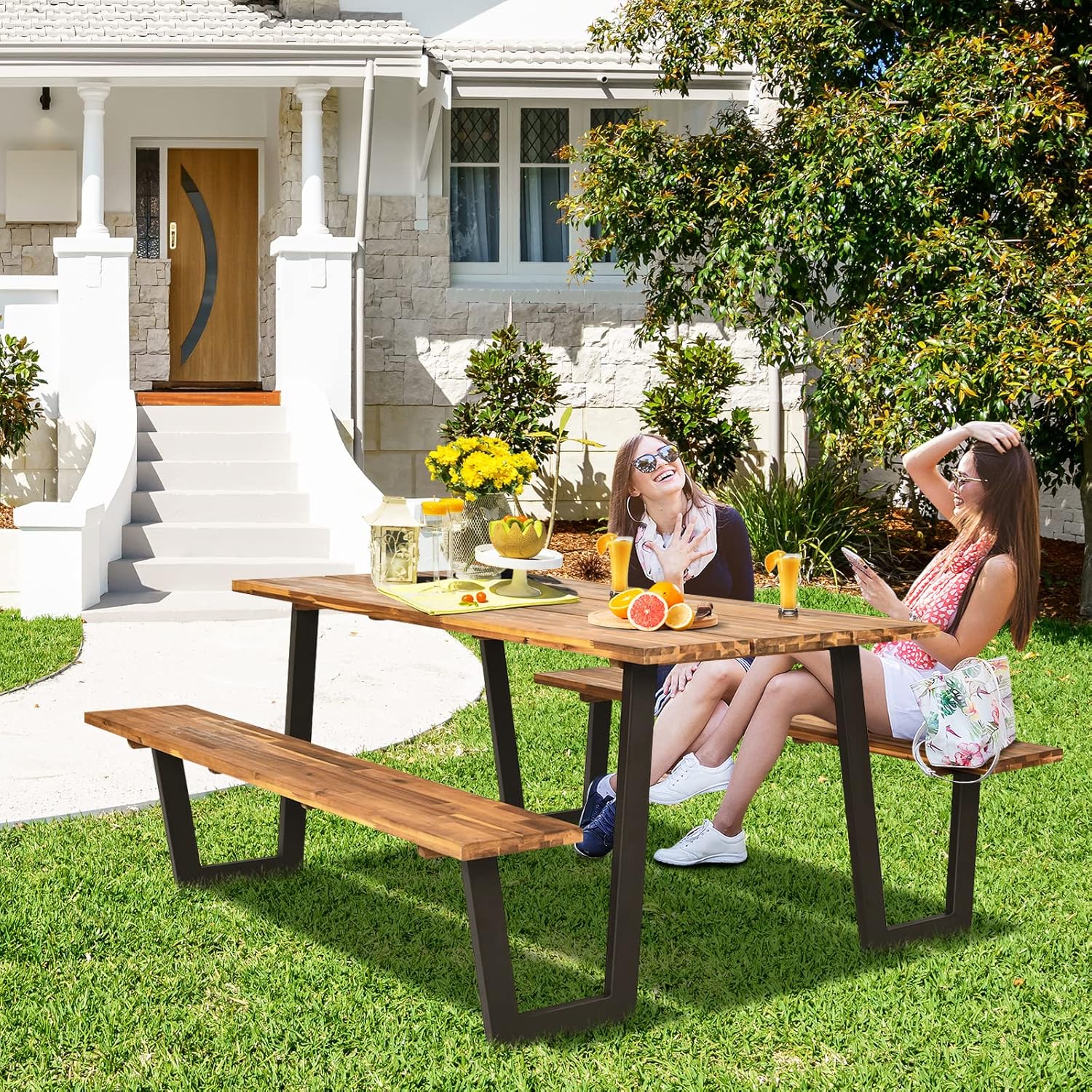 Tangkula Wooden Picnic Table, Outdoor Acacia Wood Picnic Table with 2 Built-in Benches, Umbrella Hole, Steel Frame, Outside Table and Bench Set for Garden, Backyard, Porch, Patio