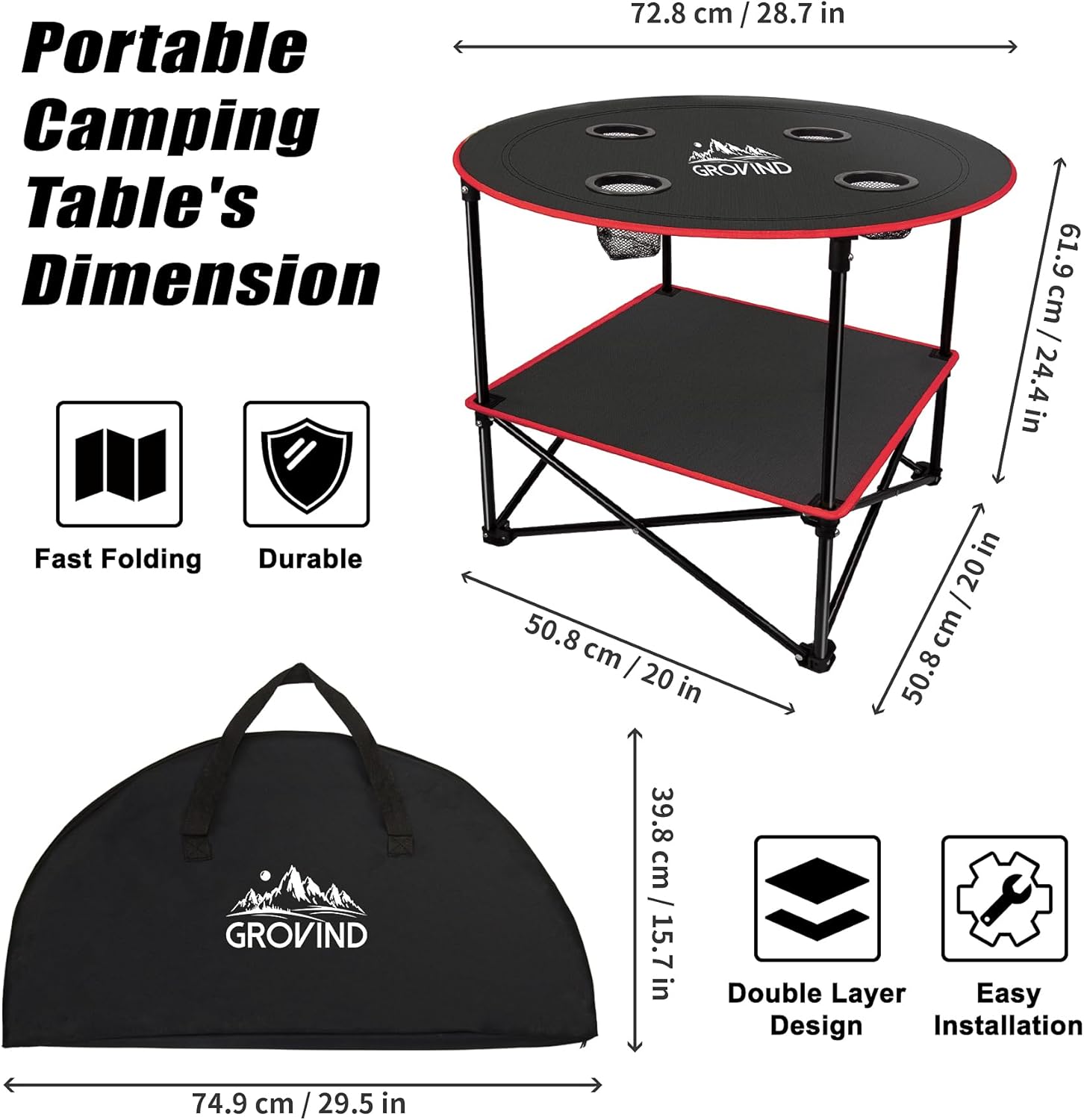 Alternative view of Portable Camping Table, Outdoor Beach Tables for Sand Foldable Picnic Table with 4 Cup Holders & Carry Bag, Lightweight Waterproof Canvas Tables for Outside, Fishing, Hiking, Tailgating
