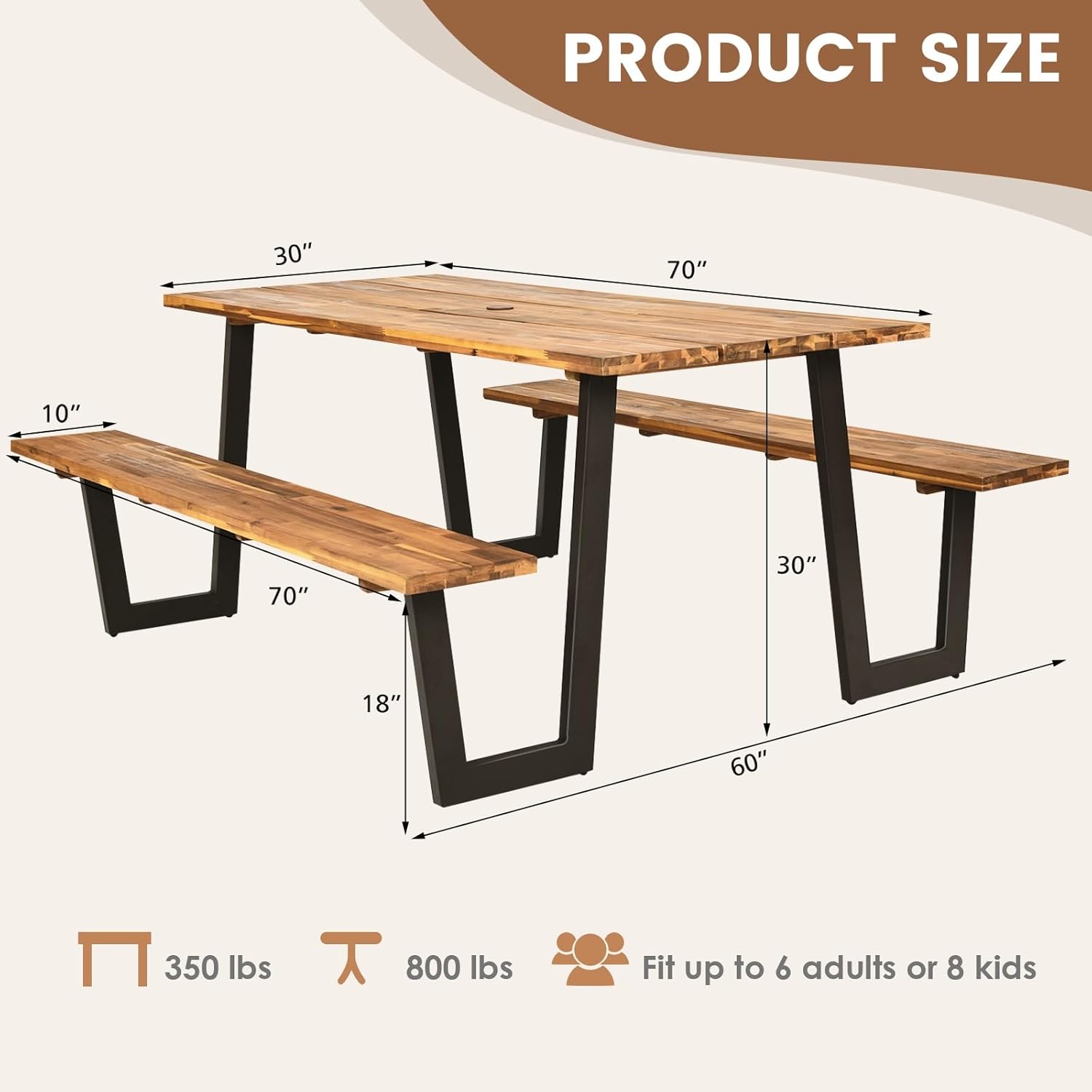 Alternative view of Tangkula Wooden Picnic Table, Outdoor Acacia Wood Picnic Table with 2 Built-in Benches, Umbrella Hole, Steel Frame, Outside Table and Bench Set for Garden, Backyard, Porch, Patio