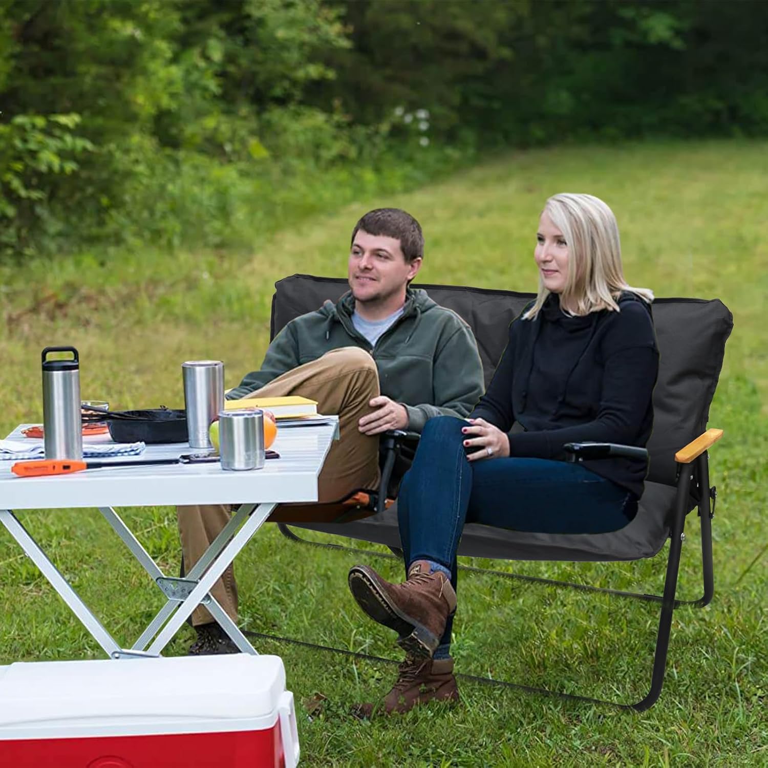 BDL Oversized Double Camping Chair Loveseat Heavy Duty Two Person Camp Chair Folding Lawn Chairs with Cushion for Outdoor Travel Patio Beach