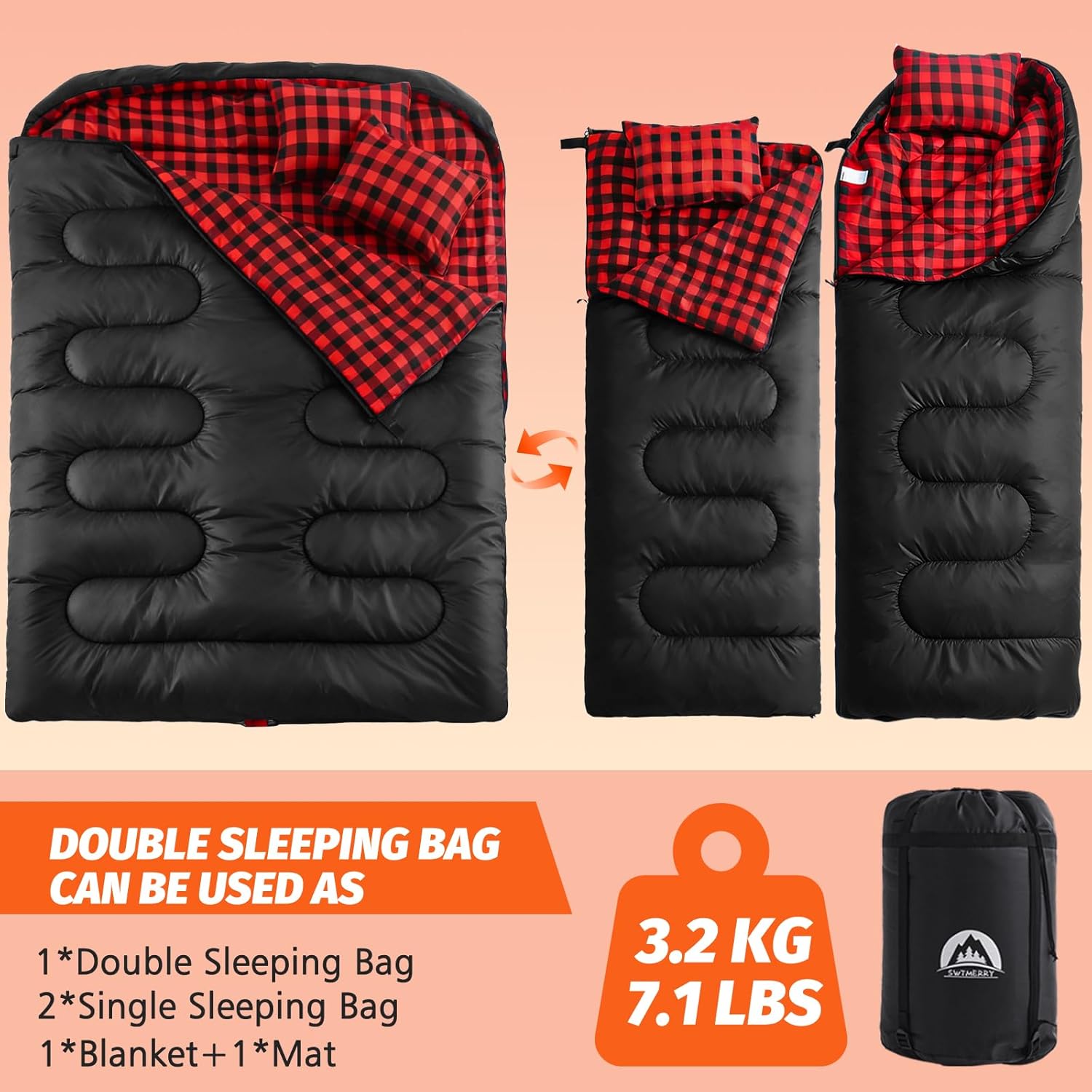 Alternative view of Swtmerry Double Sleeping Bag for Adults with 2 Pillows, Big & Tall Queen Size XL Sleeping Bag for 2 Person, Waterproof & Lightweight Warm for 3 Seasons, Cold Weather,Camping, Hiking & Backpacking