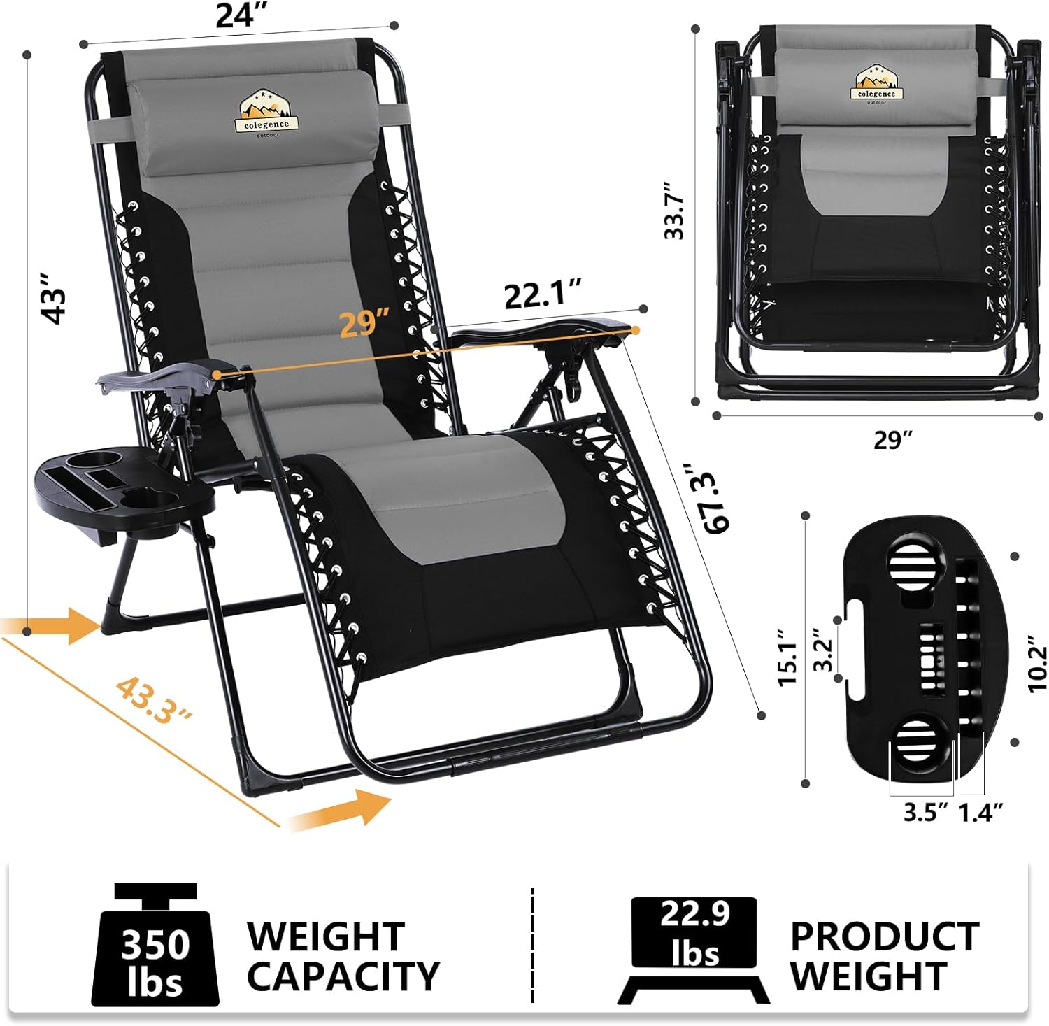 Alternative view of Colegence Oversized Padded Zero Gravity Lounge Chair, Foldable Patio Anti Gravity Reclining Chairs Folding Lawn Recliner with Cup Holder for Yard, Camping, Outdoor, Support 350 LBS, Black