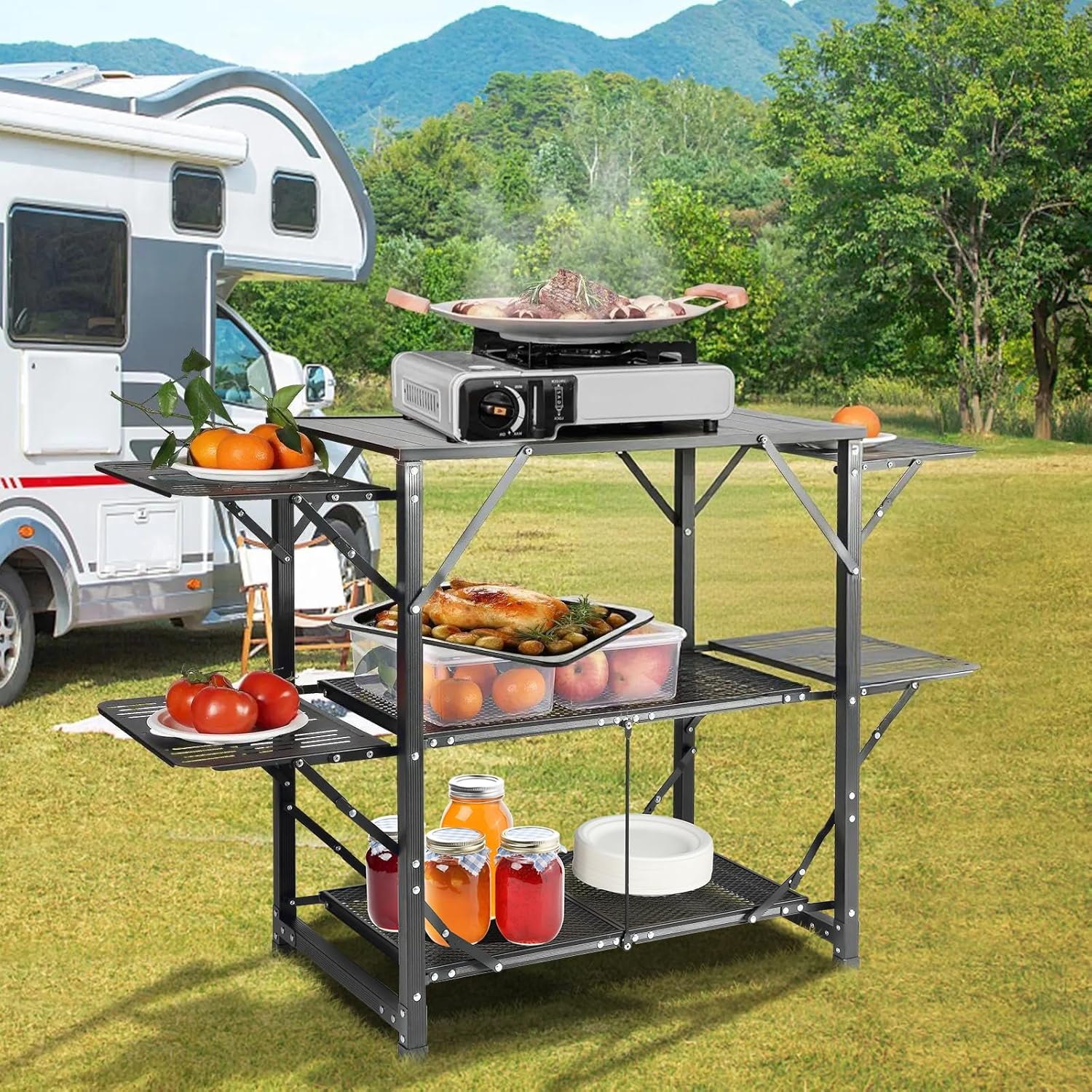 VEVOR Camping Kitchen Table, Aluminum Folding Portable Outdoor Cook Station with 4 Iron Side, 2 Shelves & Carrying Bag, Quick Installation for Picnic BBQ Beach Traveling