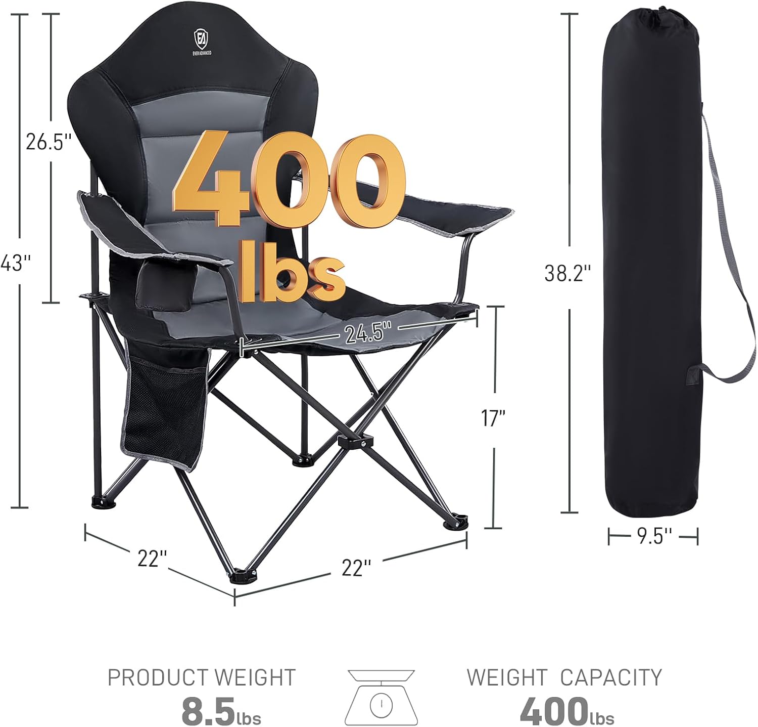 Alternative view of EVER ADVANCED Folding Camping Chair with High Back Padded 2 Pack Oversized Portable Lawn Chairs Lightweight Sturdy Steel Foldable Outdoor Camp Chair for Adults, Black