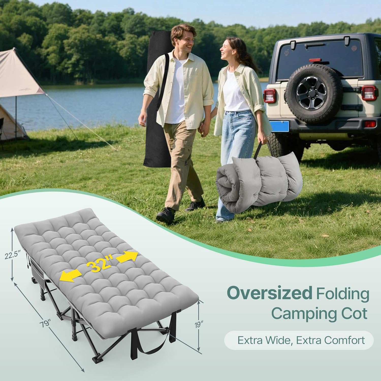 Suteck 32In XXL Folding Camping Cot, 900LBS Heavy Duty Sleeping Cot with Pillow Mattress, 1200D Double-Layer Oxford Portable Cot for Adults with Carry Bag for Home Office Nap Beach Travel