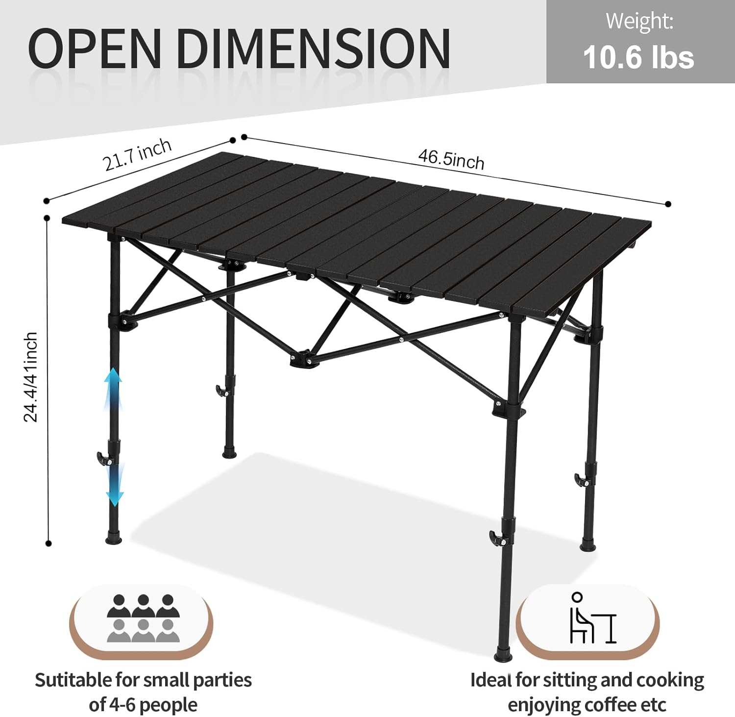 SHANQUAN Folding Camping Table, 46.5 × 21.7 Inches Portable Camp Table Aluminum Fold Up Lightweight Roll Up Table Adjustable Height with Carry Bag for Camping, Picnic, Backyard, BBQ, Patio, Black