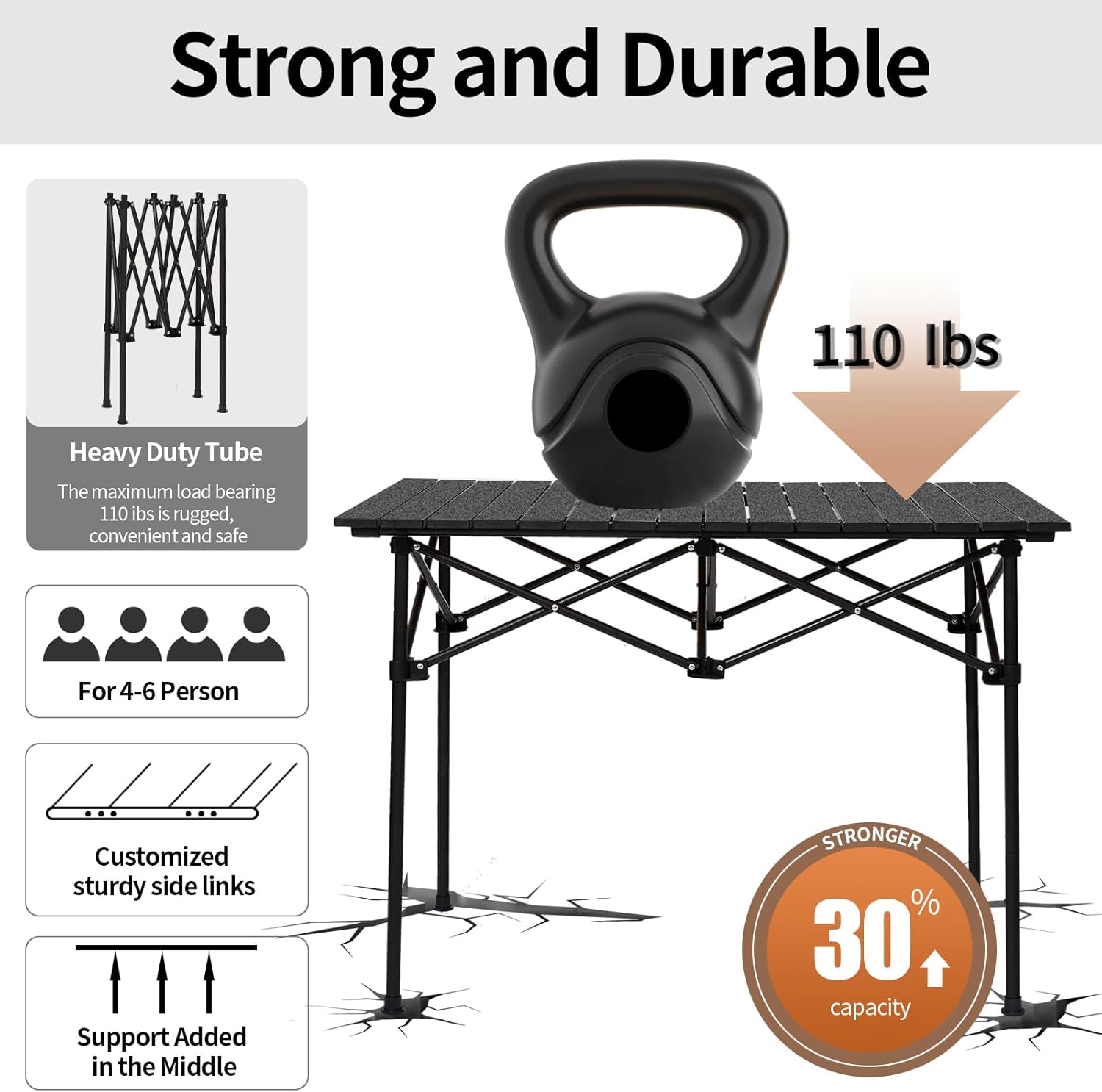 Alternative view of SHANQUAN Folding Camping Table, 46.5 × 21.7 Inches Portable Camp Table Aluminum Fold Up Lightweight Roll Up Table Adjustable Height with Carry Bag for Camping, Picnic, Backyard, BBQ, Patio, Black