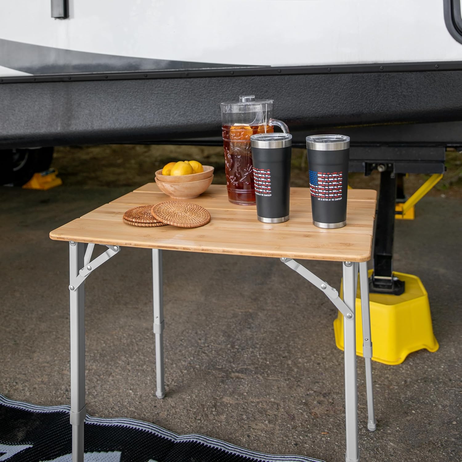 Camco Bamboo Folding Camping Table with Aluminum Legs - Natural Bamboo Top Measures 25 ½ x 19 ¾-inches & Supports Up to 85lbs - Lightweight for Added Portability & Includes Storage Bag (51895)