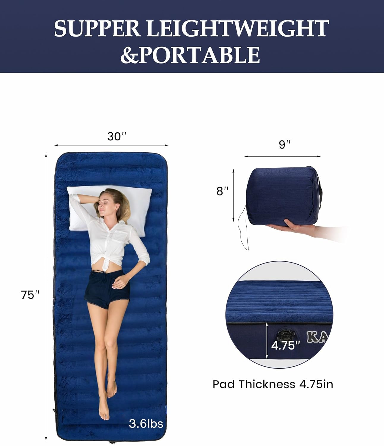 Kampair Inflatable Sleeping Pad for Camping, Extra-Thick 4.75 Inch Air Mattress with Soft Cotton Top, Machine Washable, Family Lightweight 4-Season Pad for Camping, Traveling & Hiking, Blue