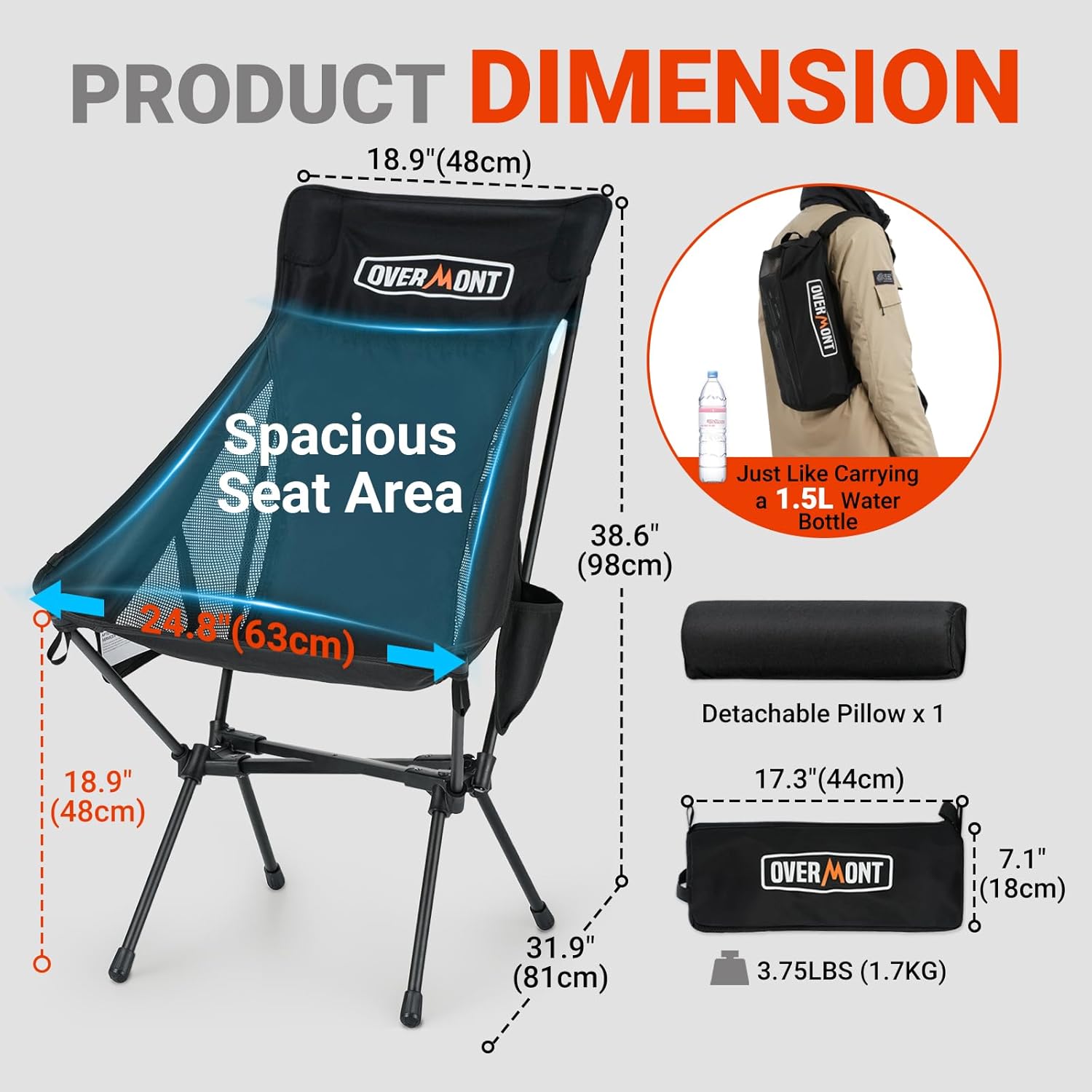 Alternative view of Overmont Portable High-Back Camping Chair - 440LBS Support Oversized Lightweight Folding Backpacking Chair for Adults - Compact with Detachable Pillow for Outdoor Travel Hiking Beach Fishing